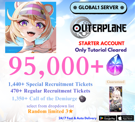 [GLOBAL1] 95,000+ Gems +Eva OUTERPLANE Starter Reroll Account