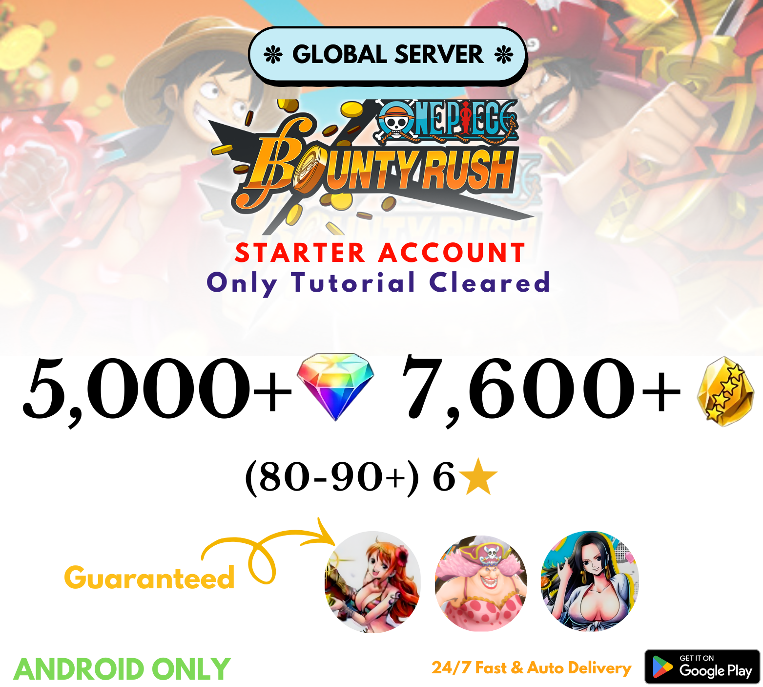 [Global-Android] 5,000+Diamonds+7,600+Gold+Swimsuit Nami/Big Mom/Boa One Piece Bounty Rush Reroll Starter Account