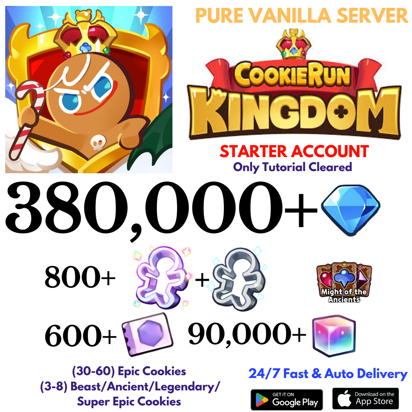[GLOBAL/Pure Vanilla] 380,000+Gems Cookie Run: Kingdom Starter Account