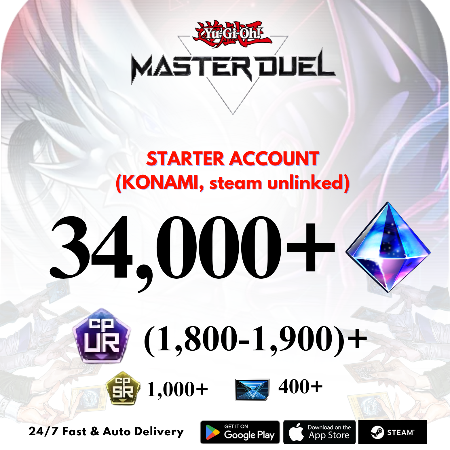 [GLOBAL] 34,000+Gems 1,800+UR CP Yu-Gi-Oh! Master Duel Starter Reroll Account