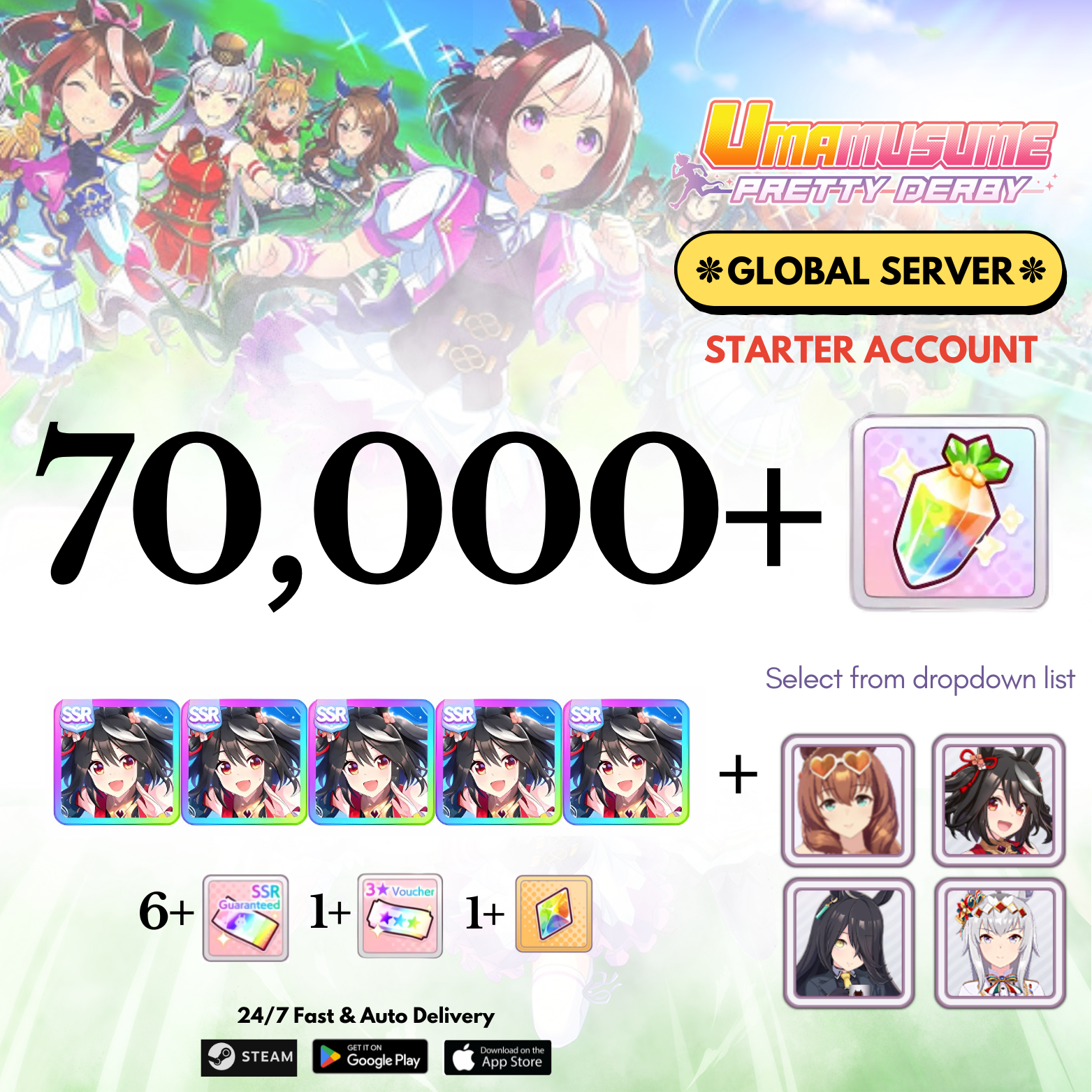 [GLOBAL] 30,000-70,000+Carats+Kitasan blackx5+Selected character  Uma Musume Pretty Derby Starter Reroll Account
