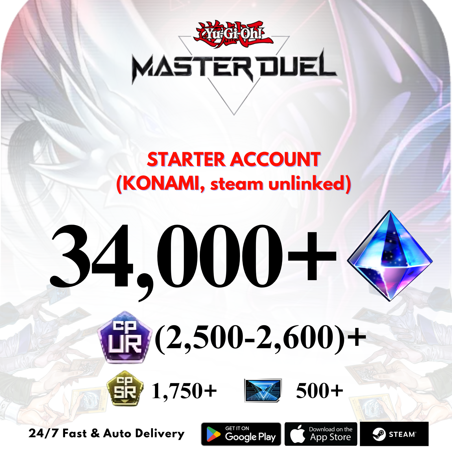 [GLOBAL] 34,000+Gems 2,500+UR CP Yu-Gi-Oh! Master Duel Starter Reroll Account