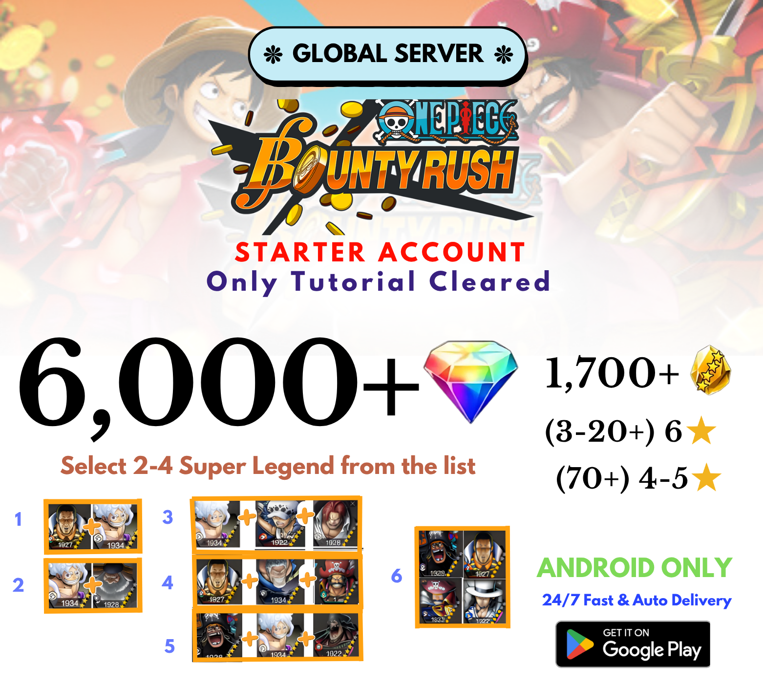 [Global-Android] 6,000+Diamonds+1,700+Gold+2or3 Selected Character One Piece Bounty Rush Reroll Starter Account