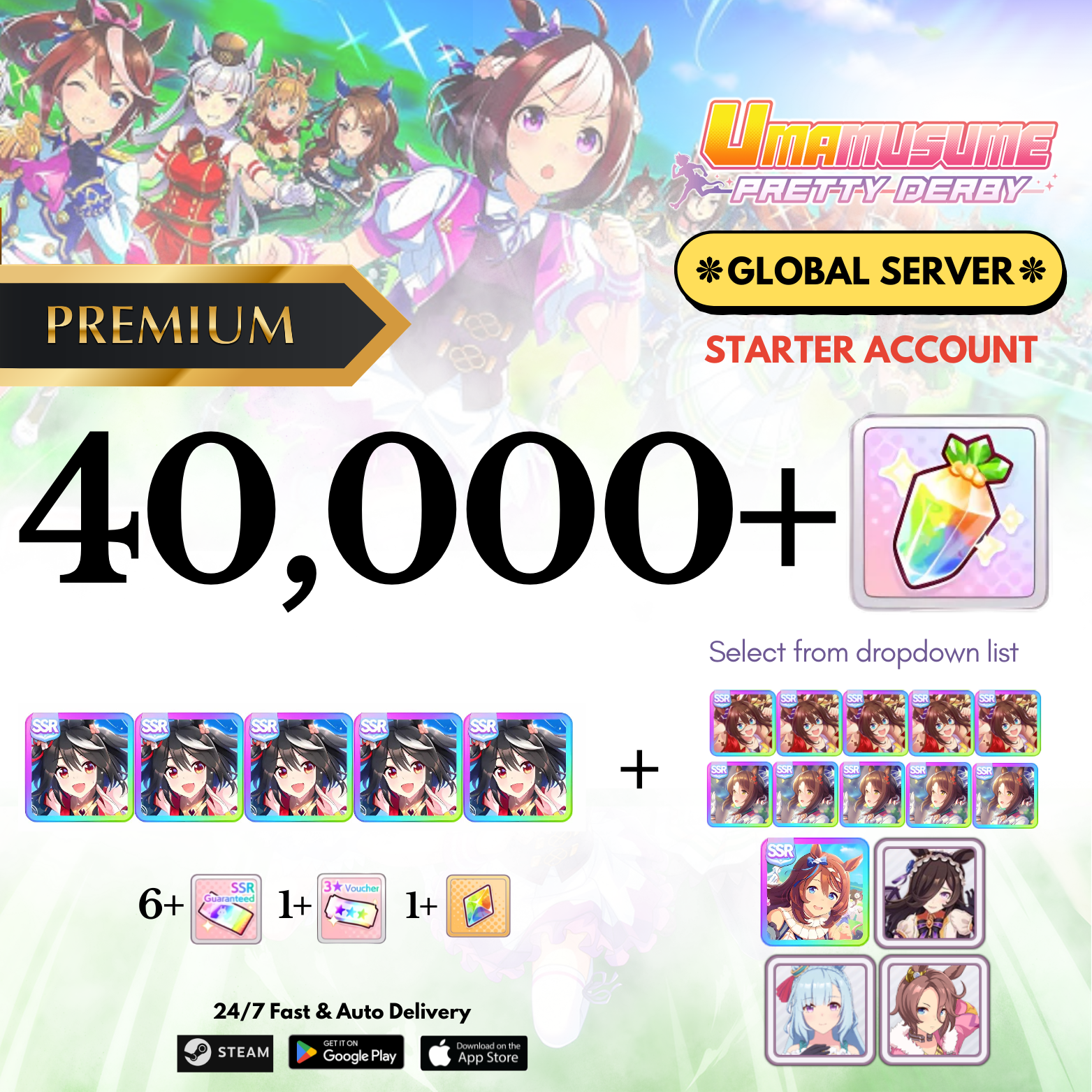 [GLOBAL] 20,000-40,000+Carats+Kitasan blackx5+Combo  Uma Musume Pretty Derby Starter Reroll Account