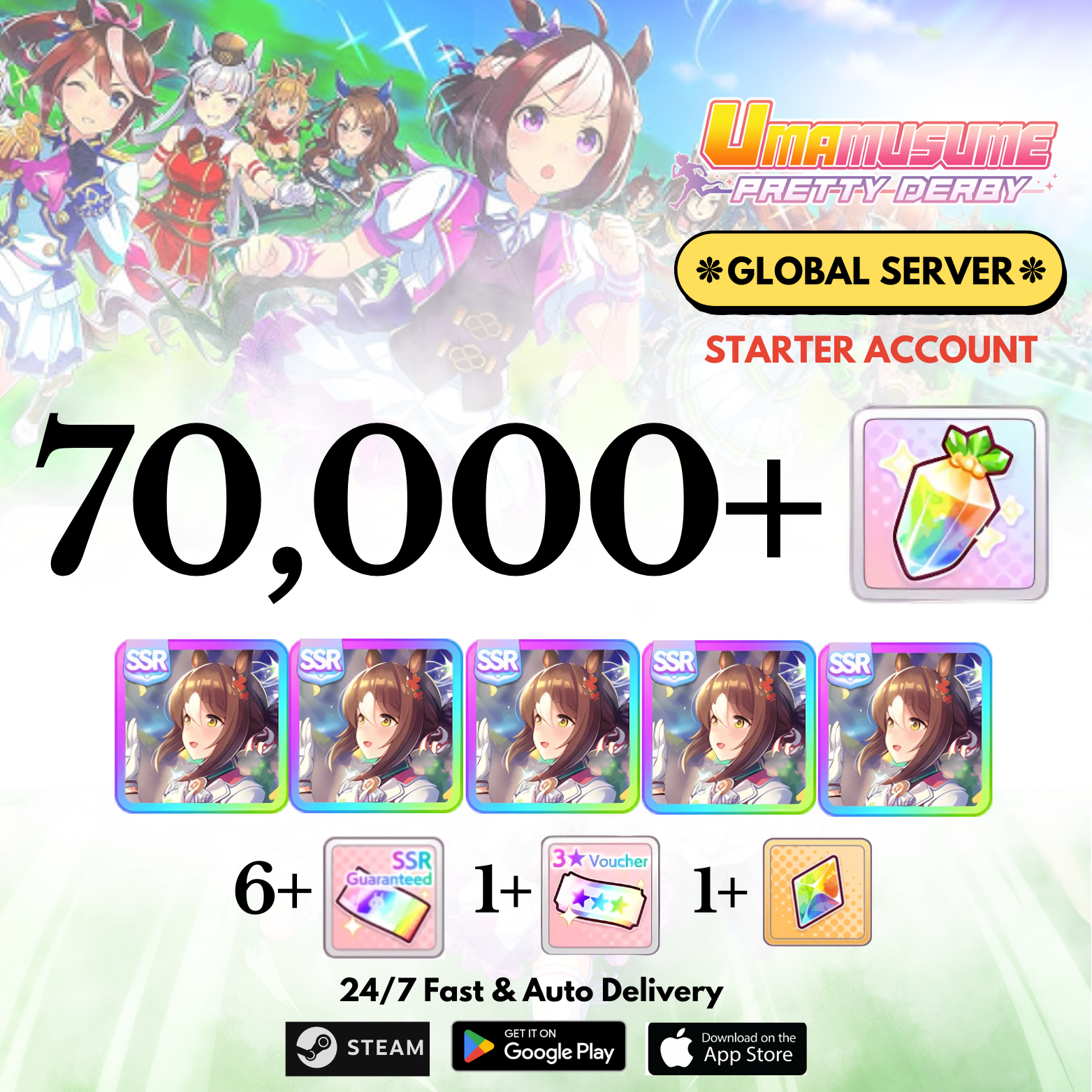 [GLOBAL] 70,000+Carats+Fine Motion x5 Uma Musume Pretty Derby Starter Reroll Account