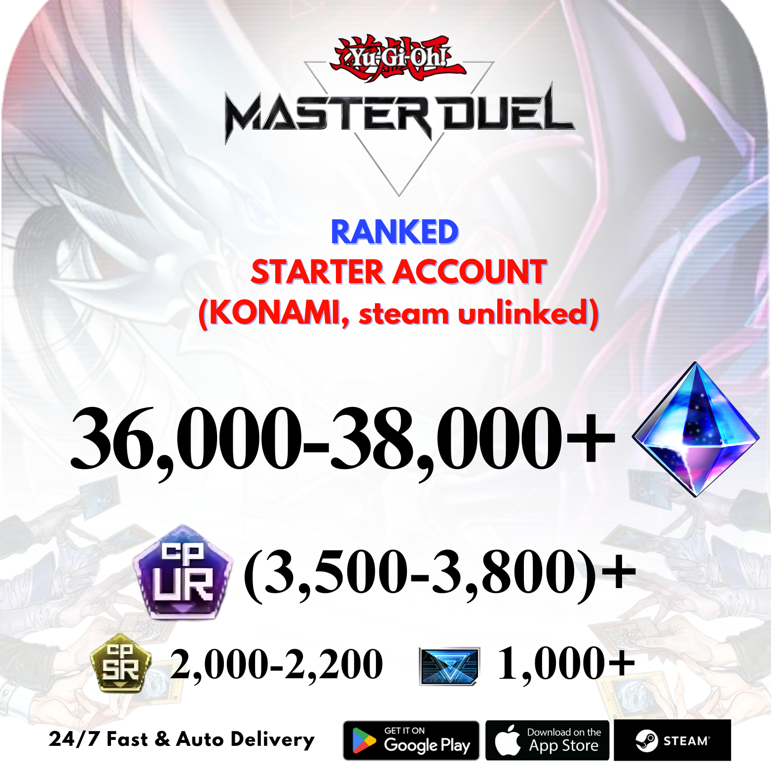 [GLOBAL] 36,000-38,000+Gems 3,500+UR CP Yu-Gi-Oh! Master Duel Starter Reroll Account