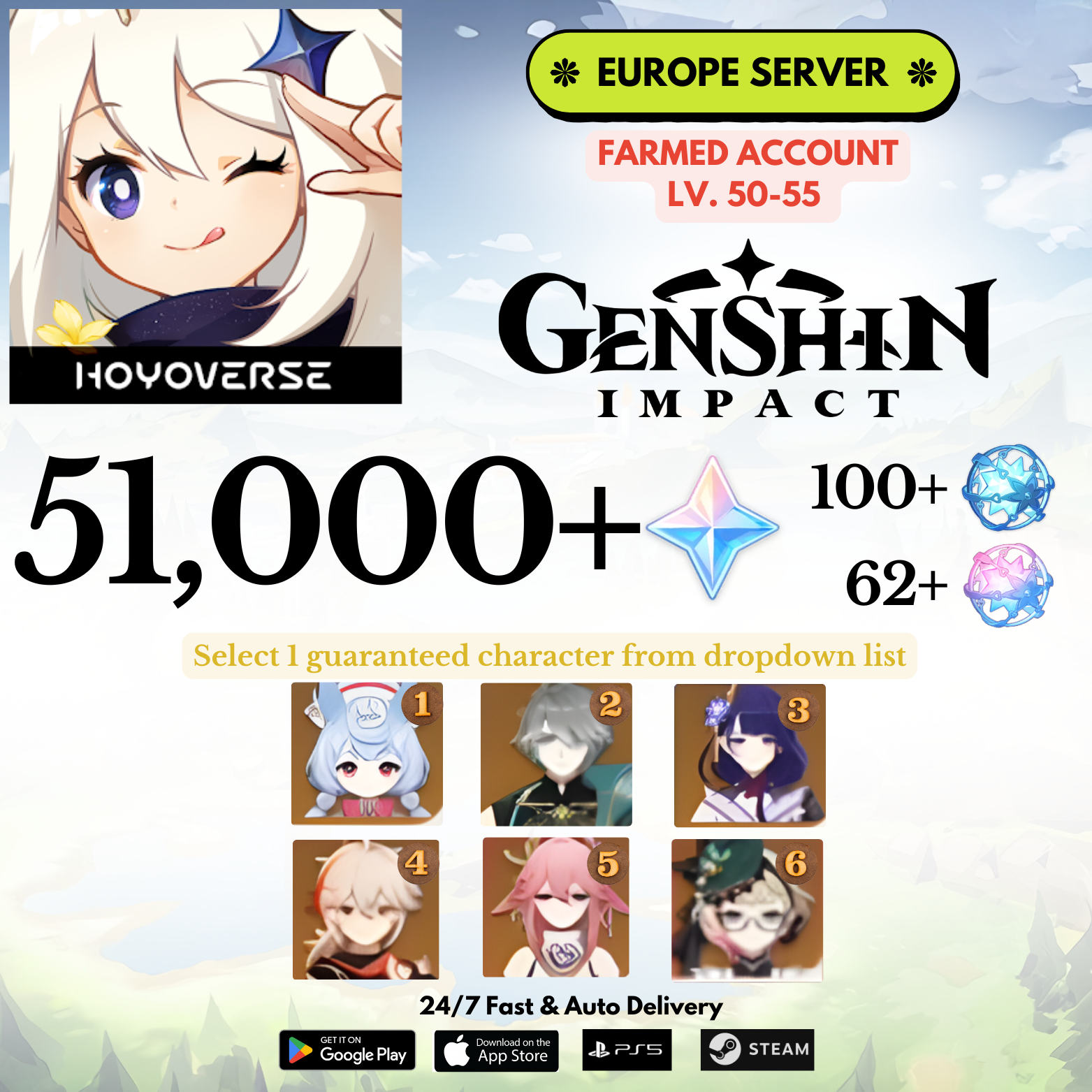 [Europe/EU] 51,000+Gems+Selected characters Genshin Impact Reroll Farmed Account