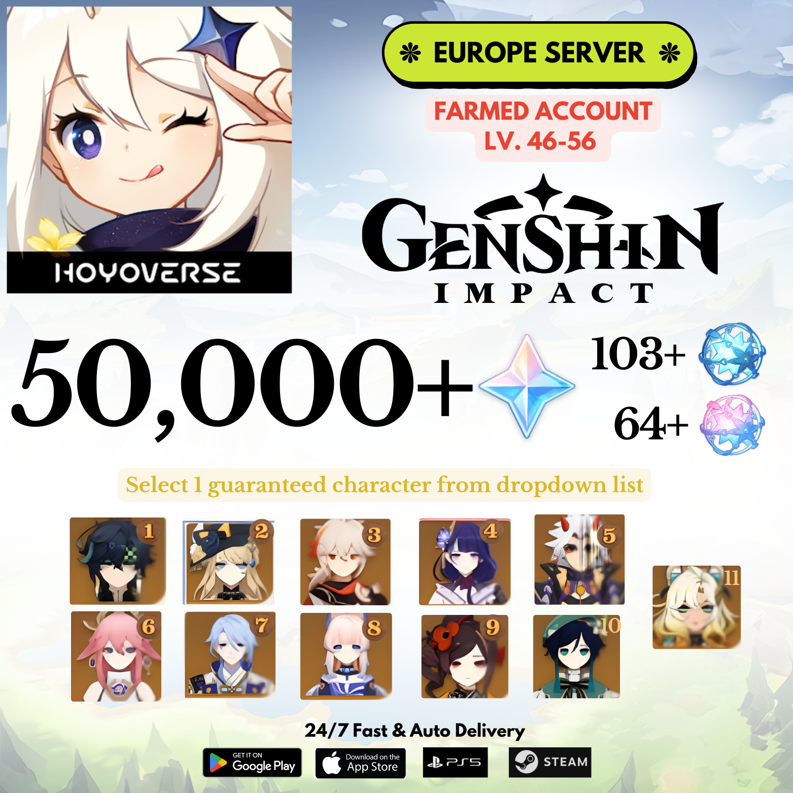 [Europe/EU] 50,000+Gems+Selected characters Genshin Impact Reroll Farmed Account