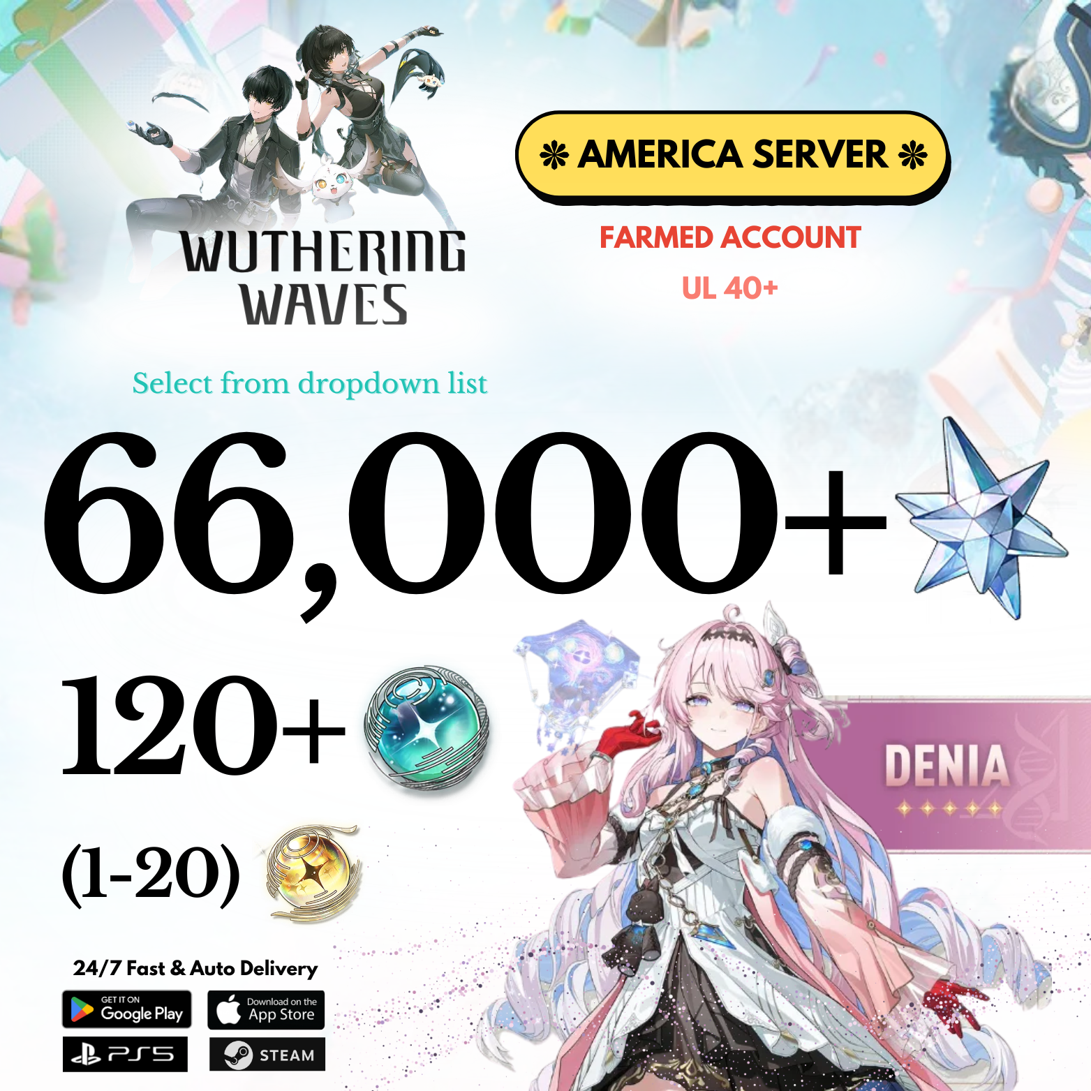 [AMERICA/NA]  55,000-66,000+ Astrite +Denia Wuthering Waves Farmed Reroll Account