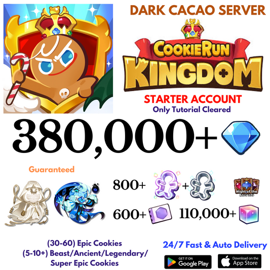[GLOBAL/Dark Cacao] 380,000+Gems+Shadow Milk+Mystic Flour Cookie Run: Kingdom Starter Account