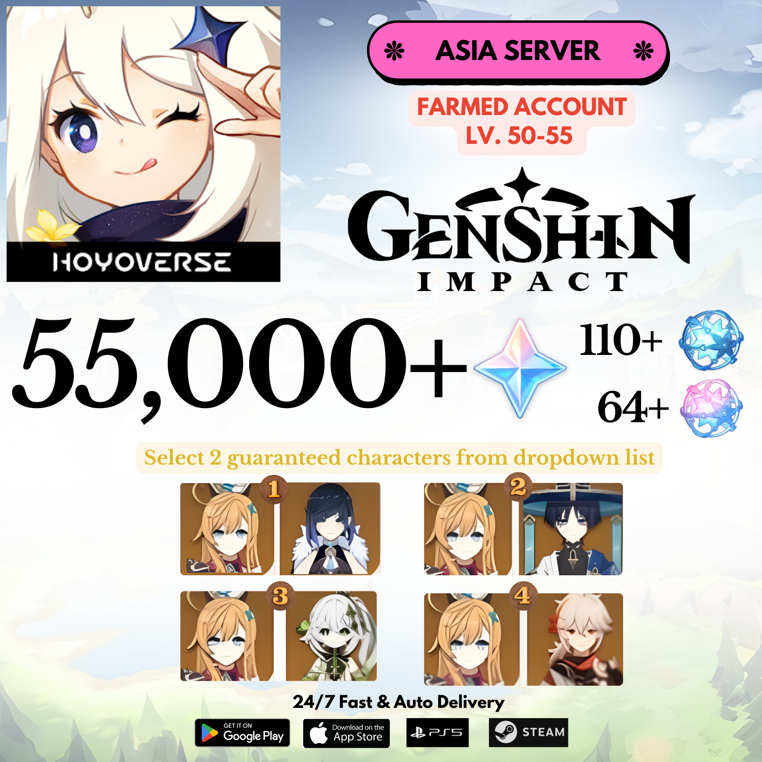[Asia] 55,000+Gems+Selected 2 characters Genshin Impact Reroll Farmed Account
