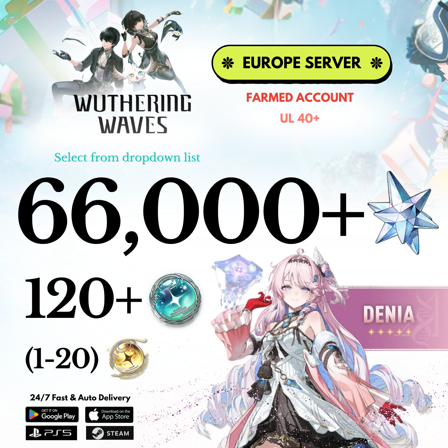 [EUROPE/EU] 55,000-66,000+ Astrite +Denia Wuthering Waves Farmed Reroll Account