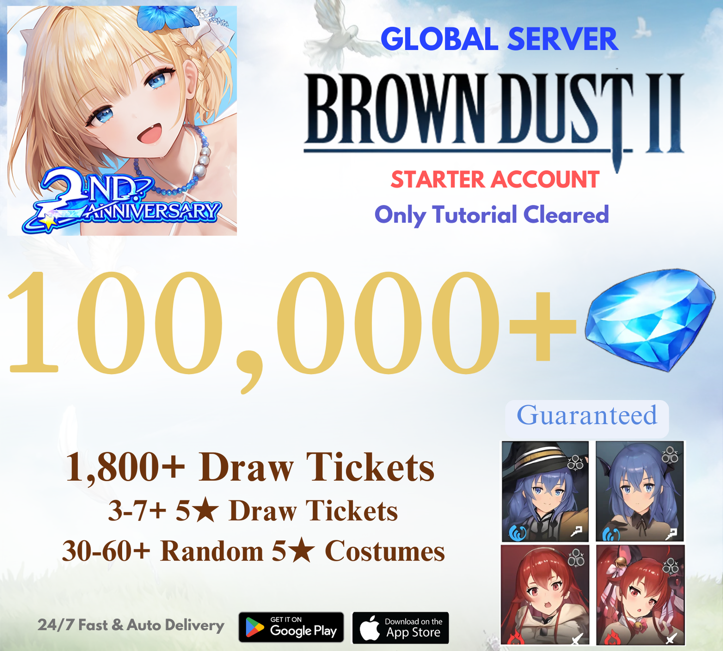 [GLOBAL] 100,000+Gems+Guaranteed Mushoku Tensei Collab Brown Dust 2 Starter Reroll Account