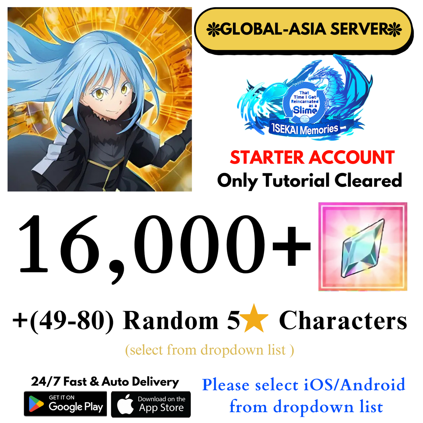 [Global-Asia] 16,000+Crystals Slime Isekai Memories Starter Reroll Account