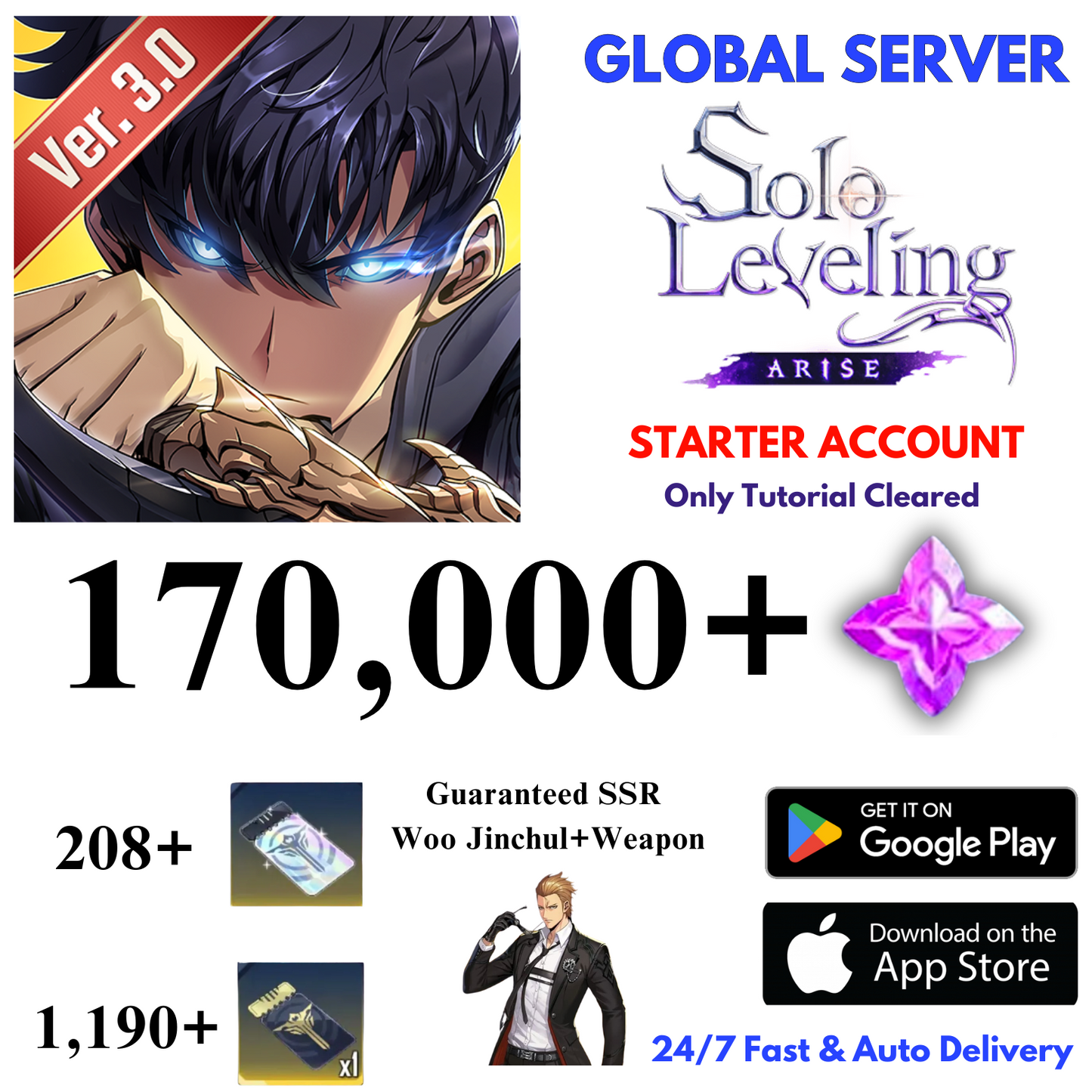 [GLOBAL] 170,000+Essence Stones Solo Leveling:ARISE Starter Reroll Account