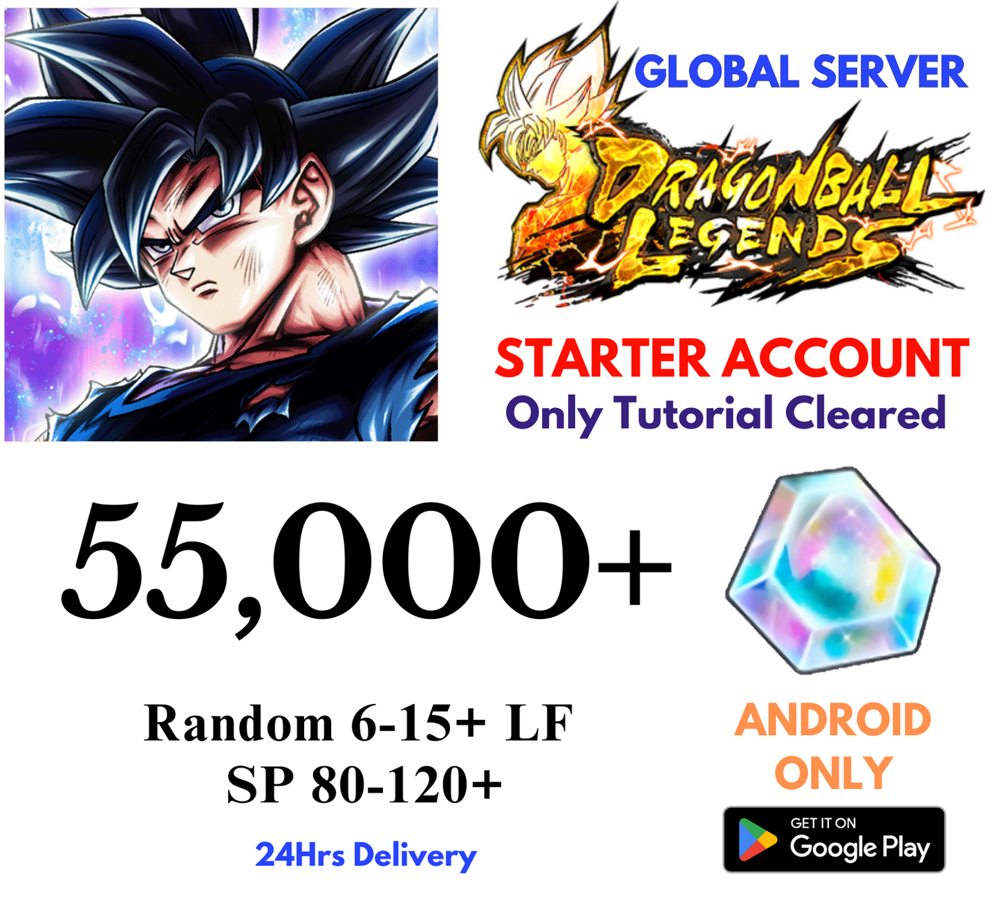 [GLOBAL/Android] 55,000+Gems Dragon Ball Legends Lv.1 Starter Reroll Account