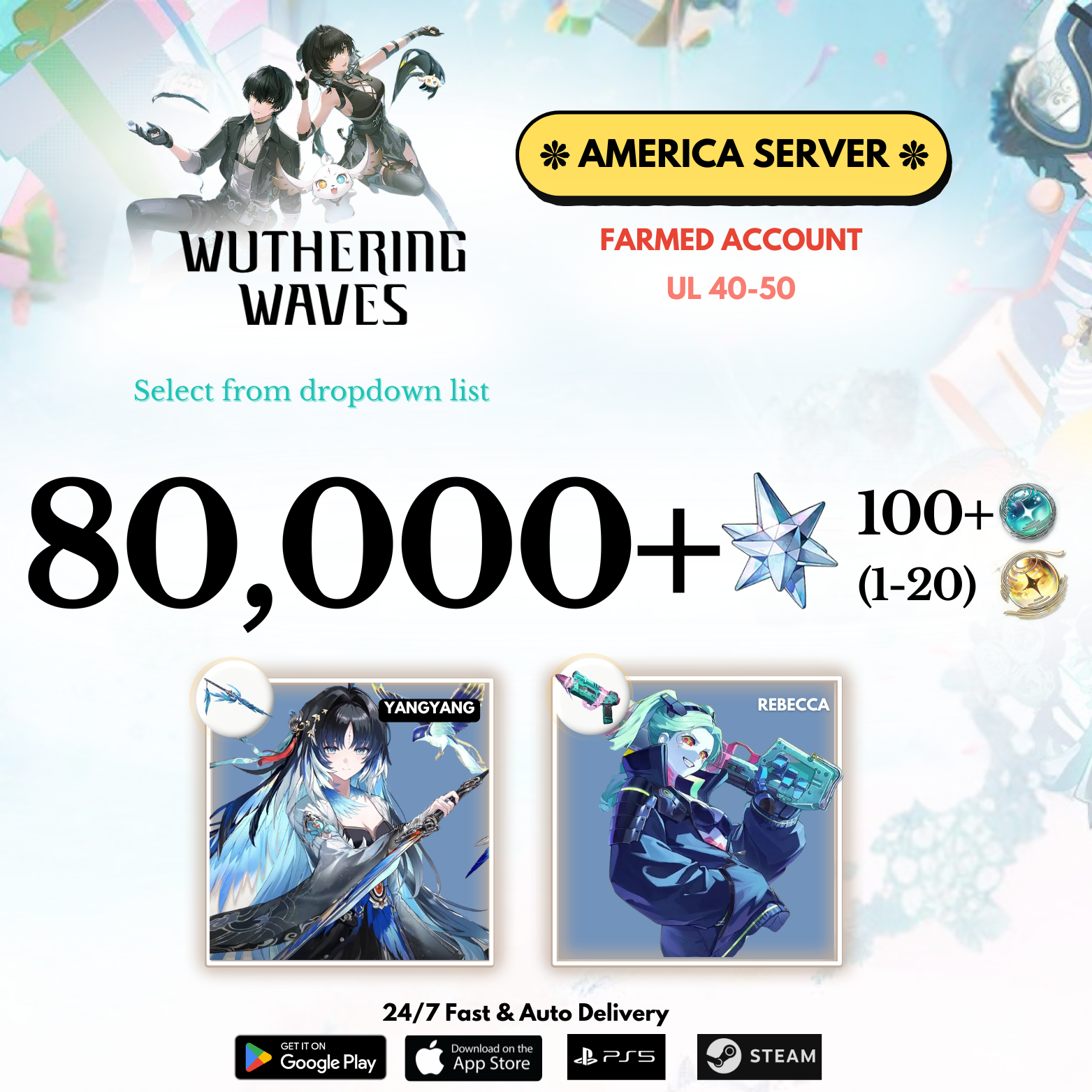 [AMERICA/NA]  50,000-80,000+ Astrite +Yangyang/Rebacca Wuthering Waves Farmed Reroll Account