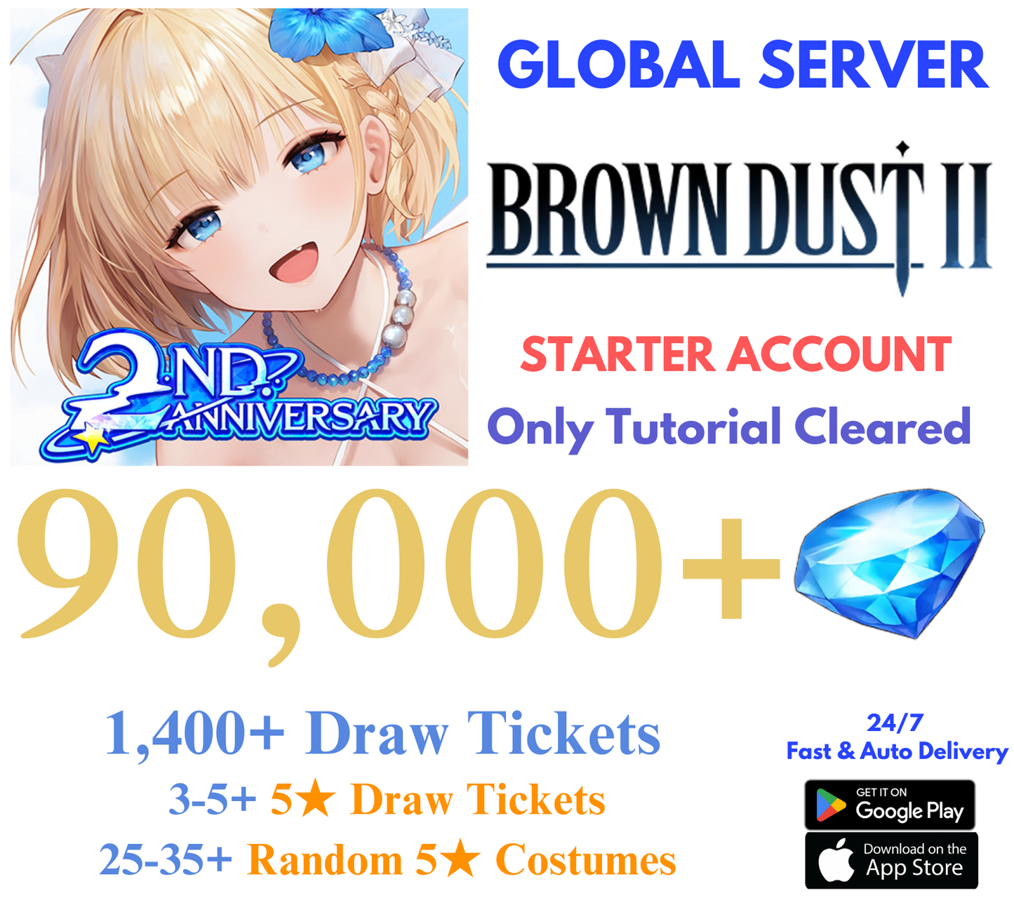 [GLOBAL] 90,000+ Gems Brown Dust 2 Starter Reroll Account