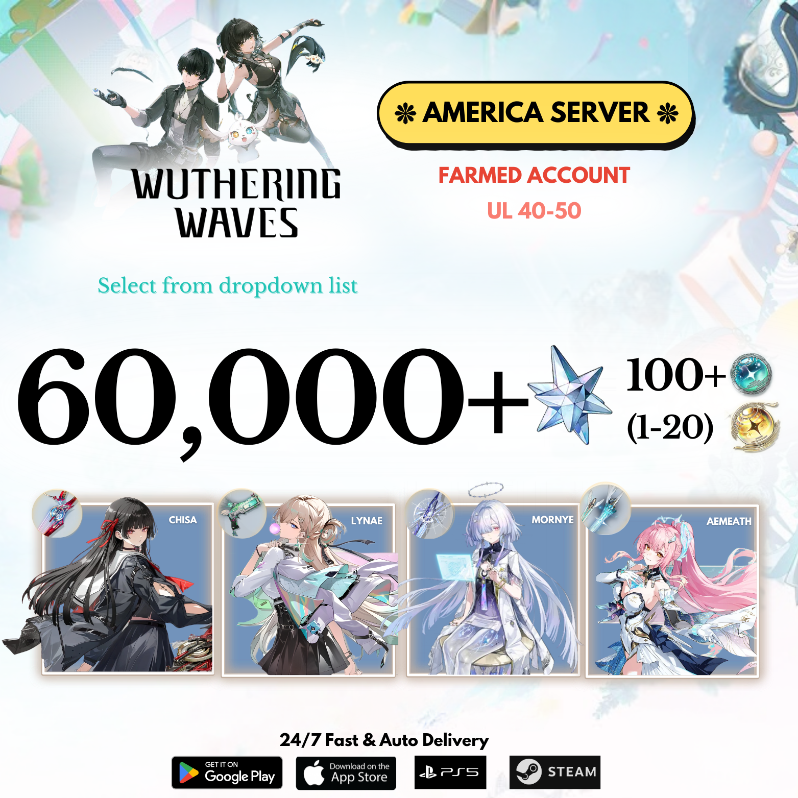 [AMERICA/NA]  0-60,000+ Astrite +Chisa+Lynae+Aemeath+Mornye Wuthering Waves Farmed Reroll Account