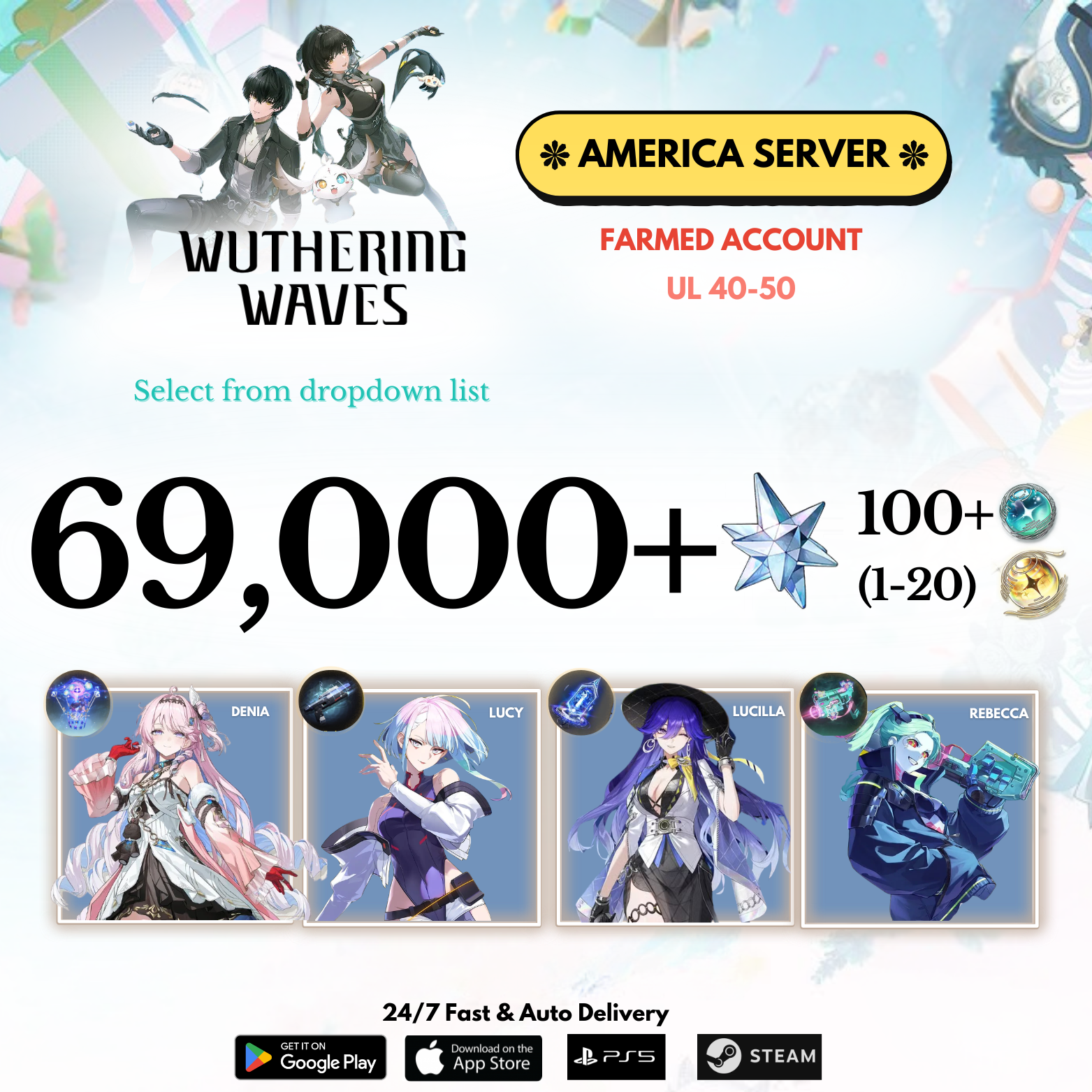 [AMERICA/NA]  50,000-69,000+ Astrite +Denia/Lucy/Lucilla/Rebacca Wuthering Waves Farmed Reroll Account