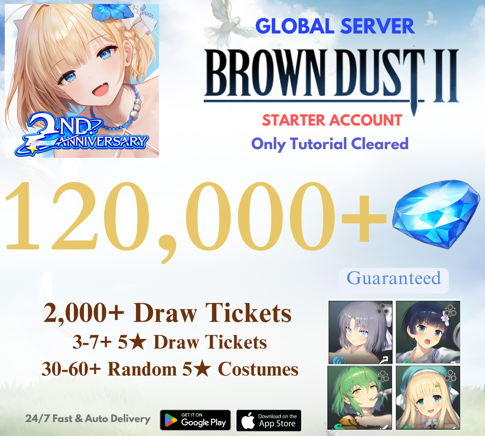 [GLOBAL] 120,000+ Gems+Guaranteed Senran Kagura Collab Brown Dust 2 Starter Reroll Account