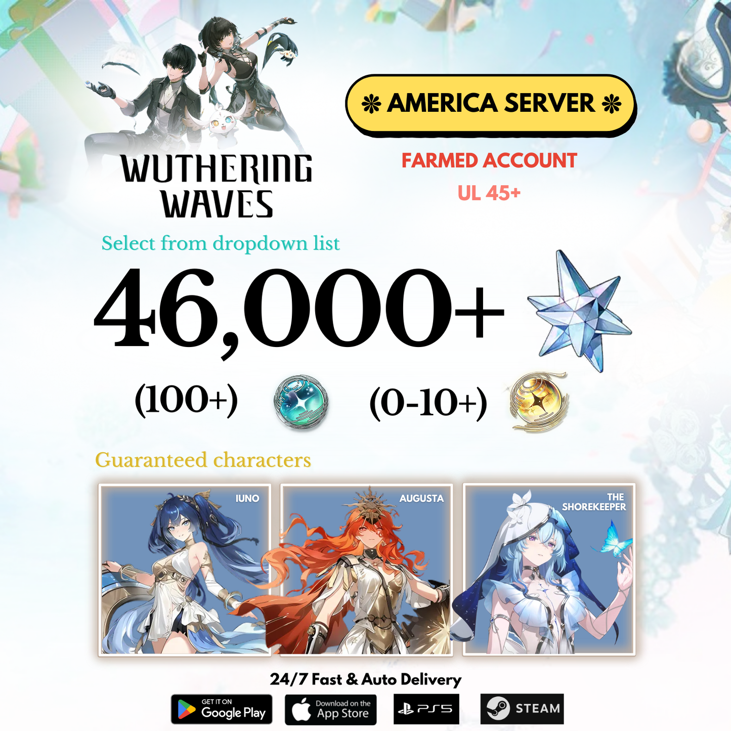 [AMERICA/NA] 22,000-46,000+ Astrites Iuno+Augusta+Shorekeeper Wuthering Waves Farmed Reroll Account