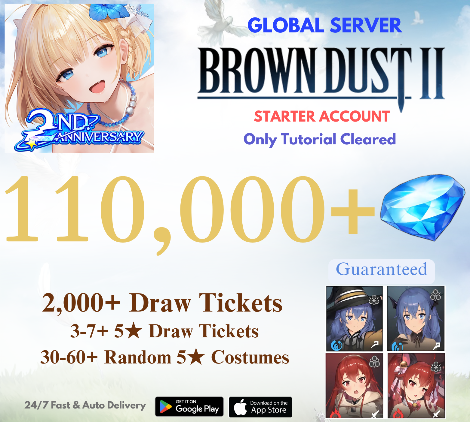 [GLOBAL] 110,000+ Gems+Guaranteed Mushoku Tensei Collab Brown Dust 2 Starter Reroll Account