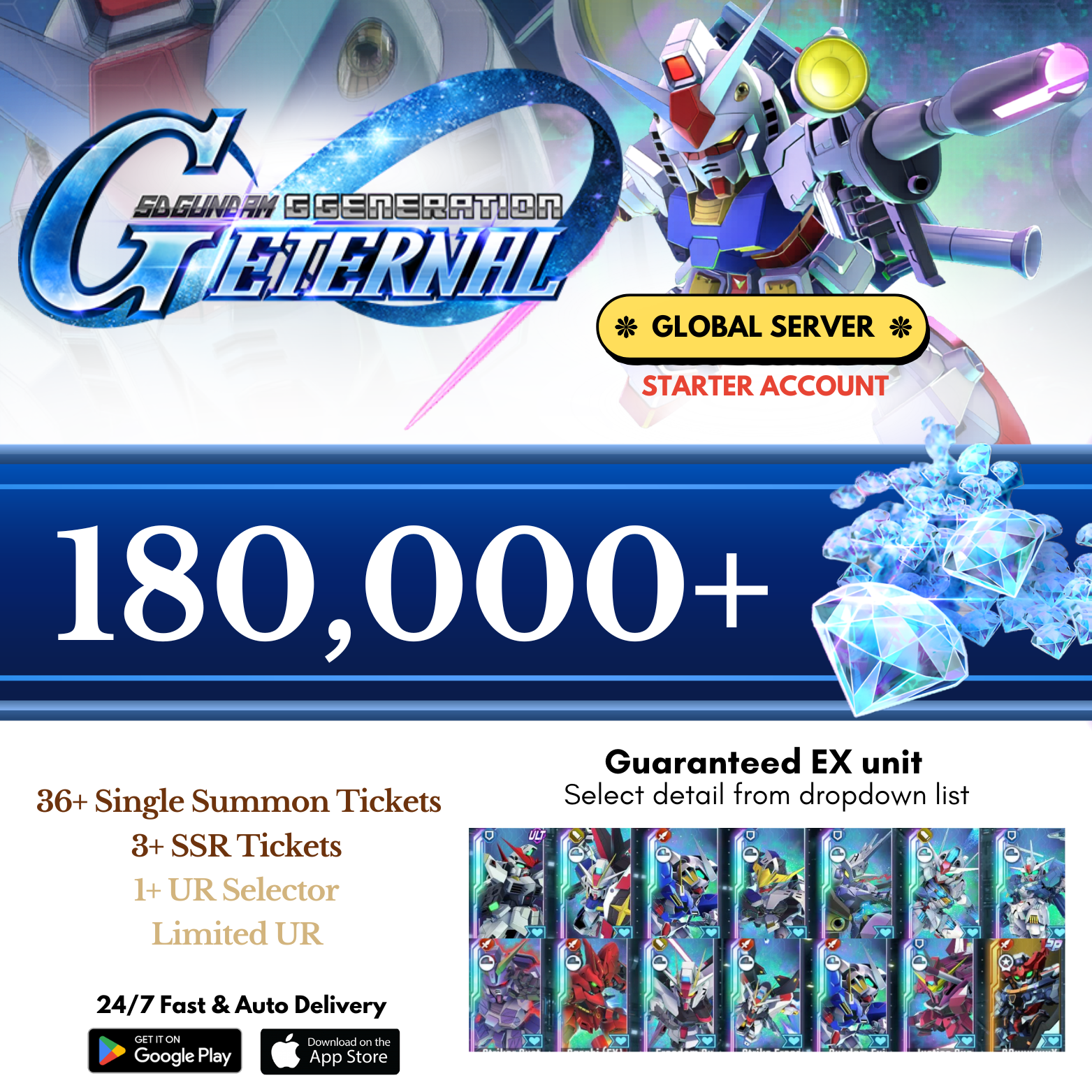 [GLOBAL] 90,000-180,000+ Gems + Limited Gundam SD Gundam G Generation Eternal Starter Reroll Account