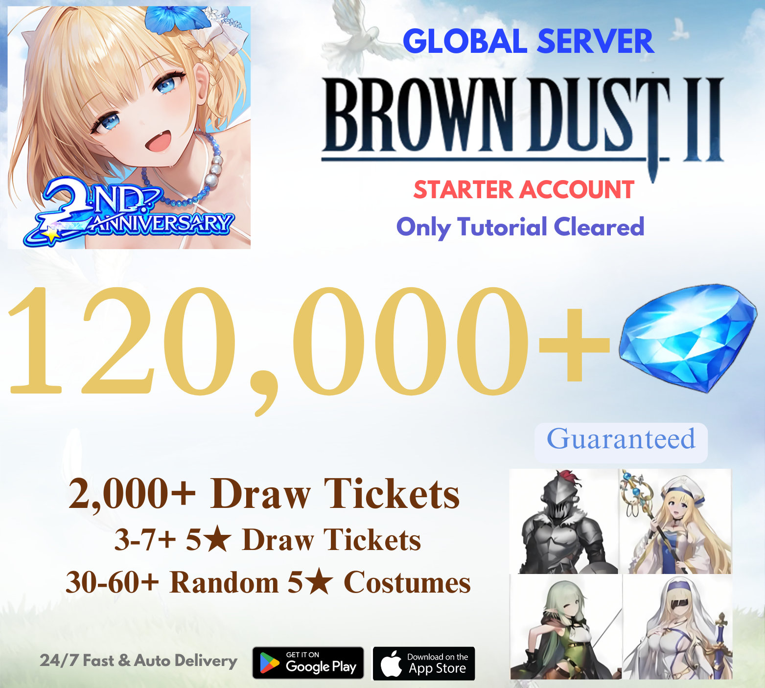 [GLOBAL] 120,000+ Gems+Guaranteed Goblin Slayer Collab Brown Dust 2 Starter Reroll Account
