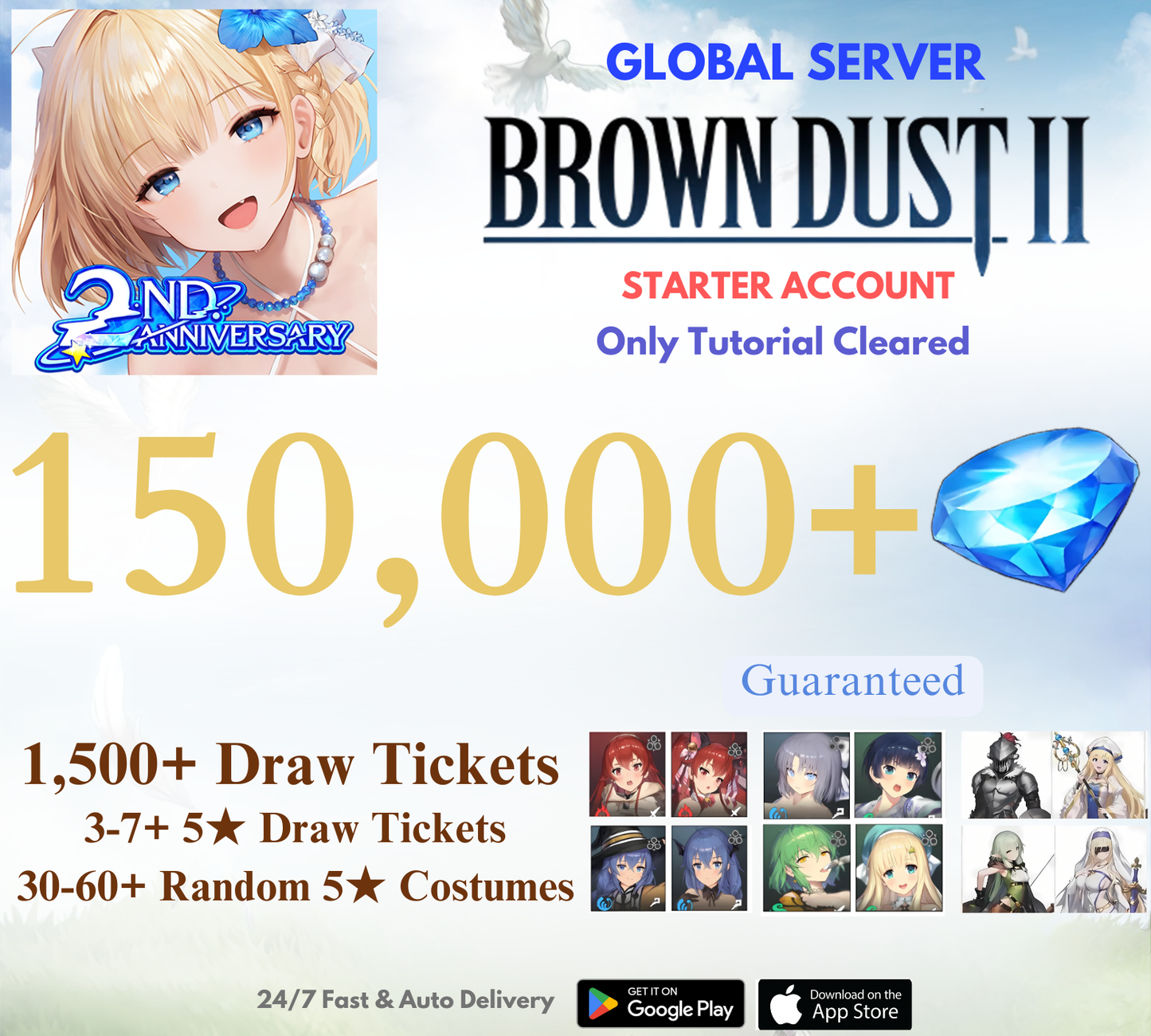 [GLOBAL] 150,000+ Gems+All Three Collabs Brown Dust 2 Starter Reroll Account