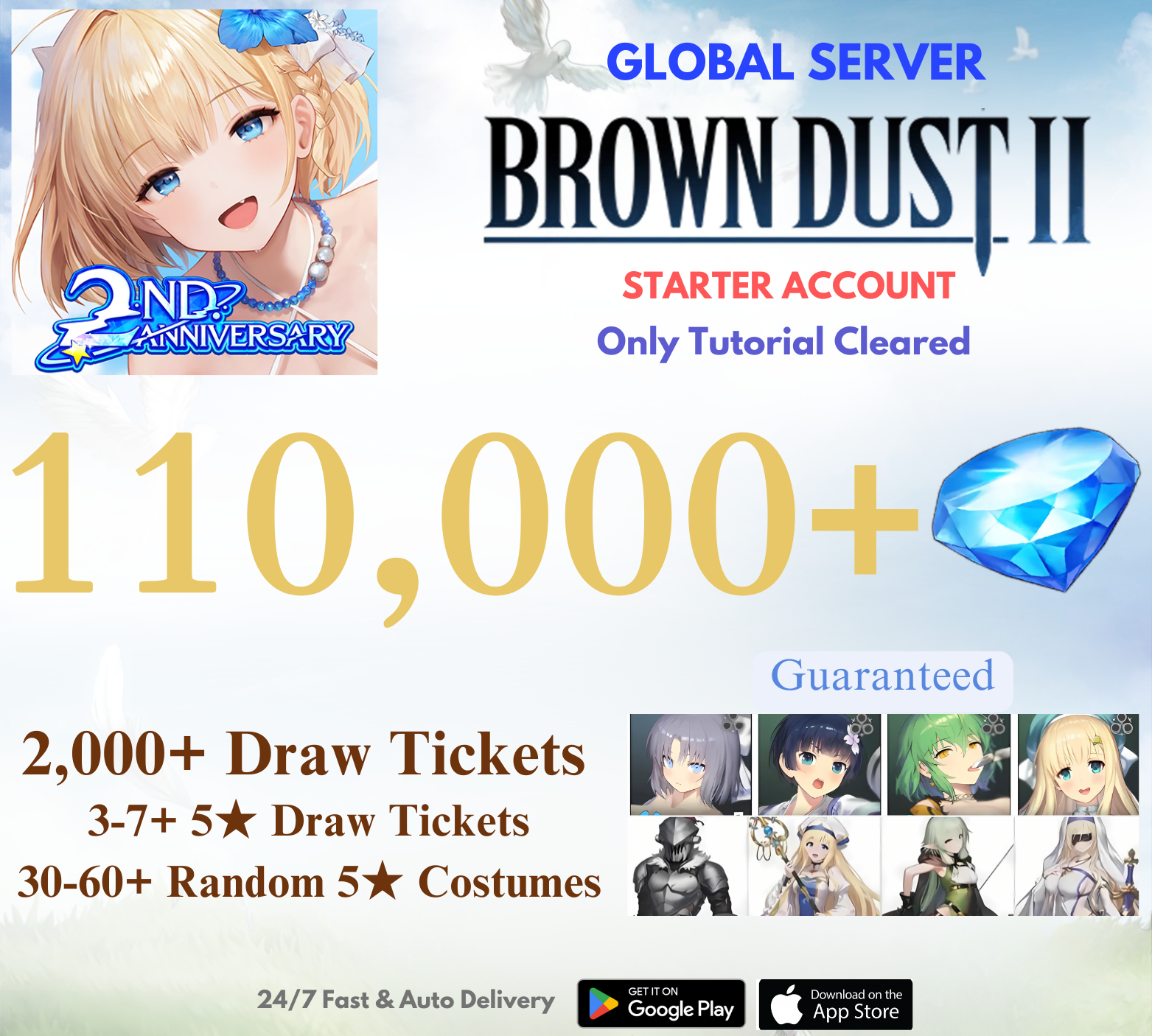 [GLOBAL] 110,000+ Gems+Guaranteed Senran Kagura+Goblin Slayer Collab Brown Dust 2 Starter Reroll Account