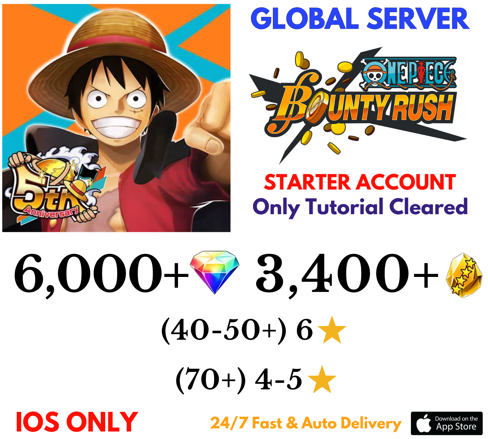 [Global-iOS] 6,000+Diamonds+3,400+Gold One Piece Bounty Rush Reroll Starter Account