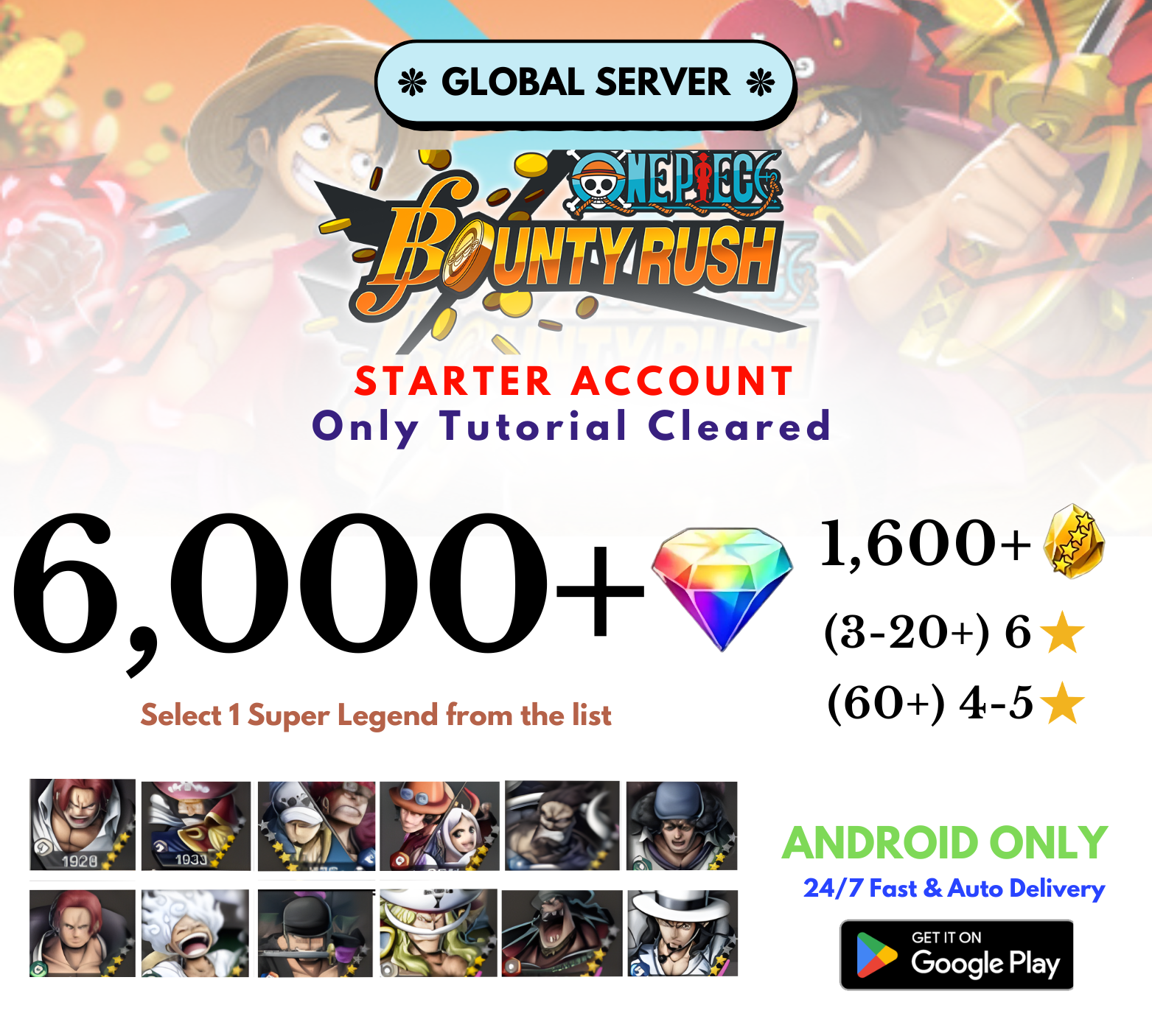 [Global-Android] 6,000+Diamonds+1,600+Gold+Selected Character One Piece Bounty Rush Reroll Starter Account