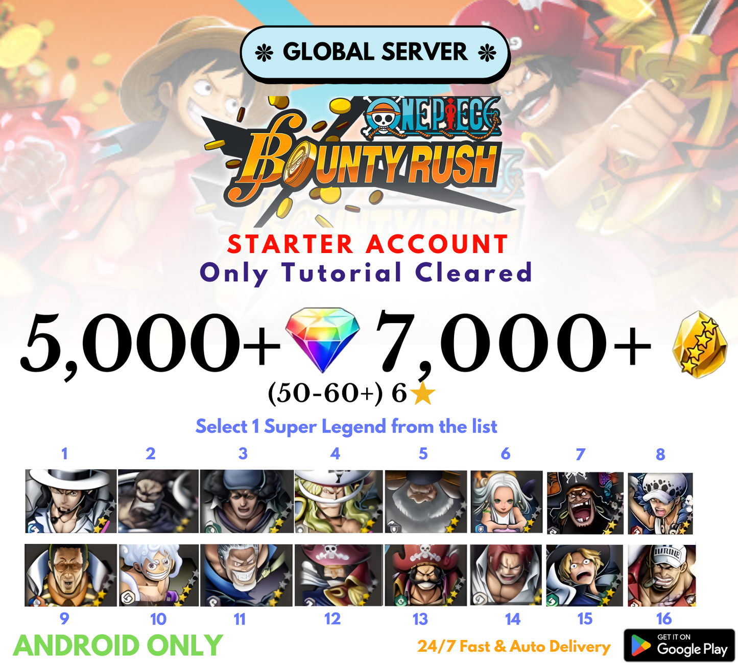 [Global-Android] 5,000+Diamonds+7,000+Gold+Selected Character One Piece Bounty Rush Reroll Starter Account