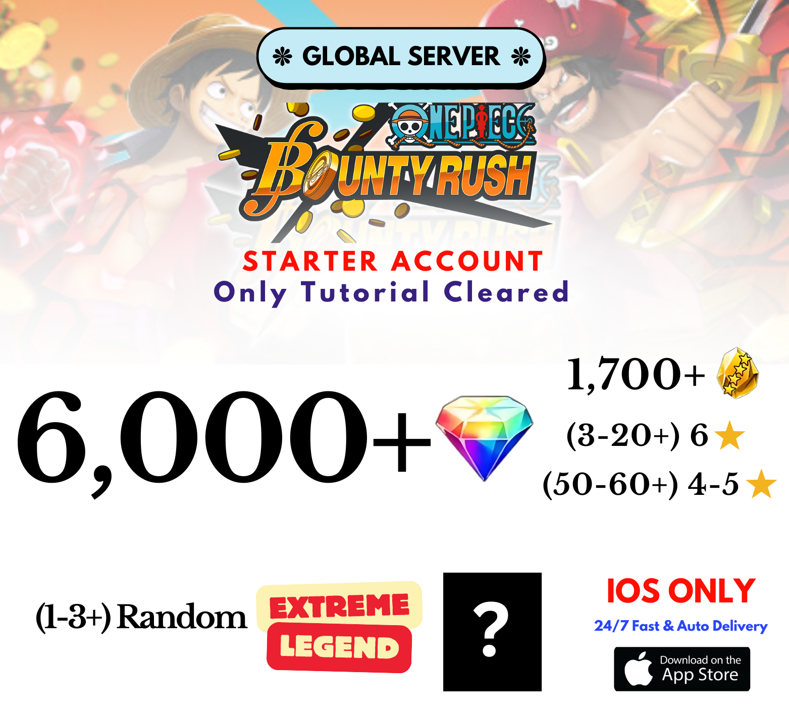 [Global-iOS] 6,000+Diamonds+1,700+Gold+Random Extreme Legend Character One Piece Bounty Rush Reroll Starter Account