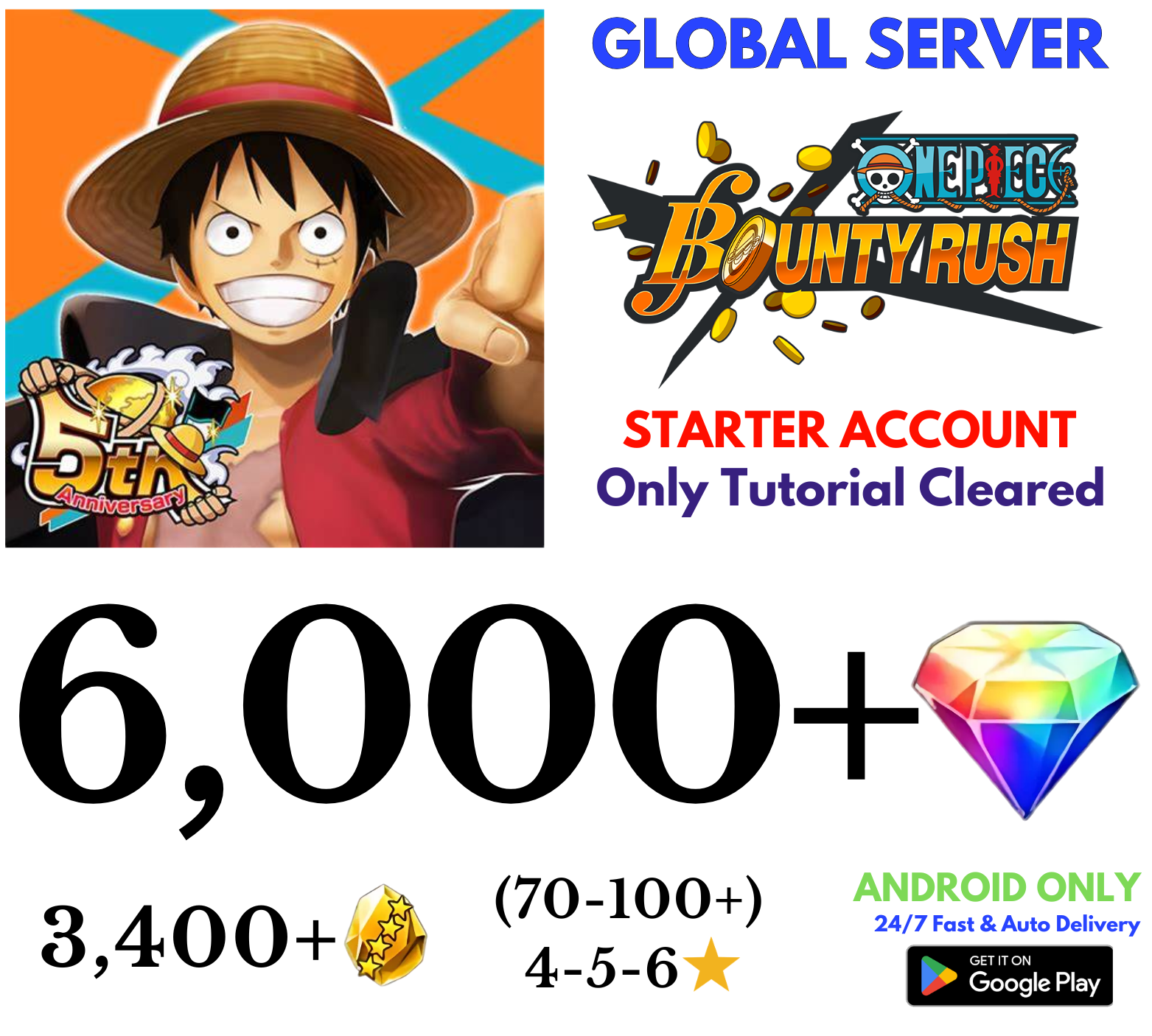 [Global-Android] 6,000+Diamonds+3,400+Gold One Piece Bounty Rush Reroll Starter Account