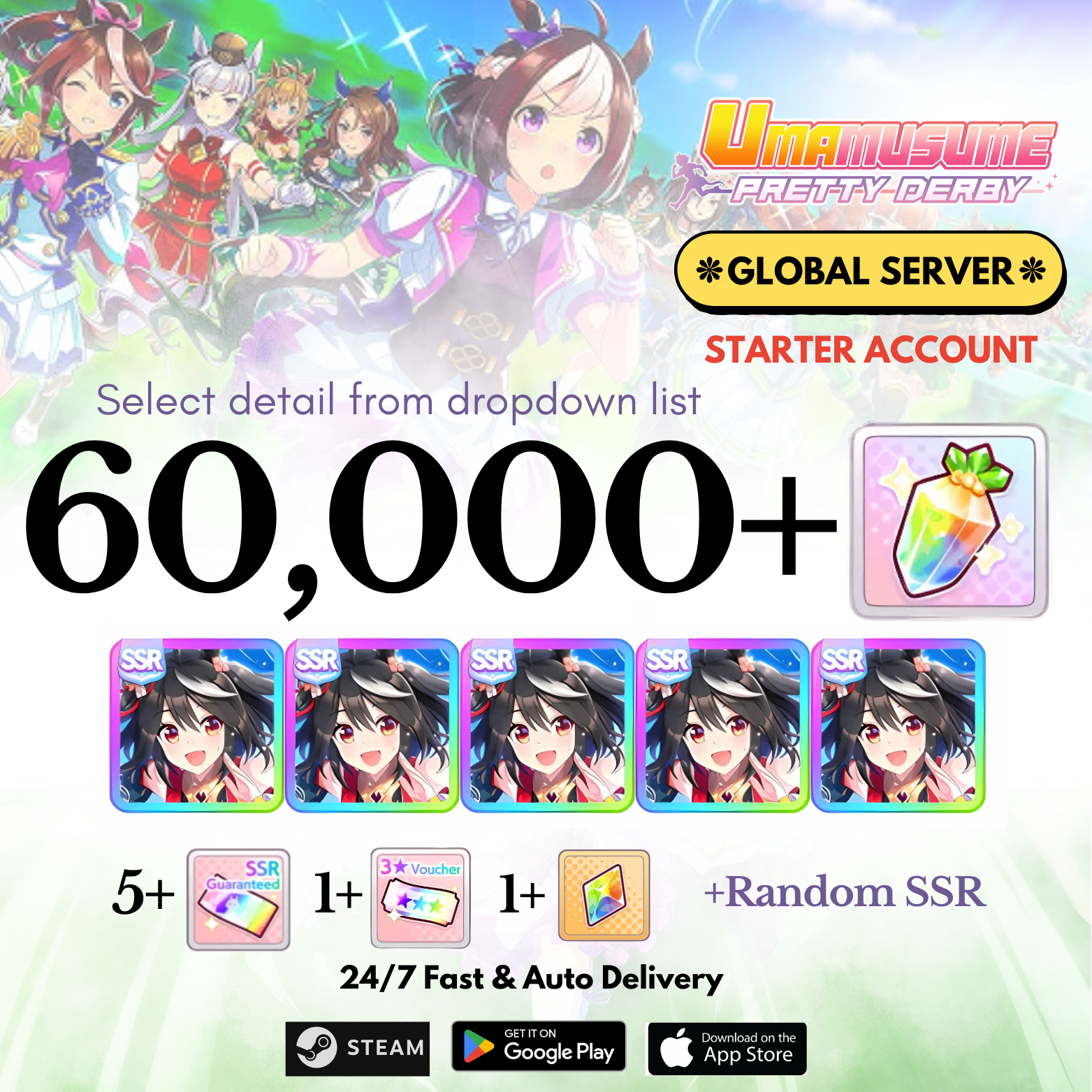 [GLOBAL] 18,000-60,000+Carats+Kitasan black x5 Uma Musume Pretty Derby Starter Reroll Account