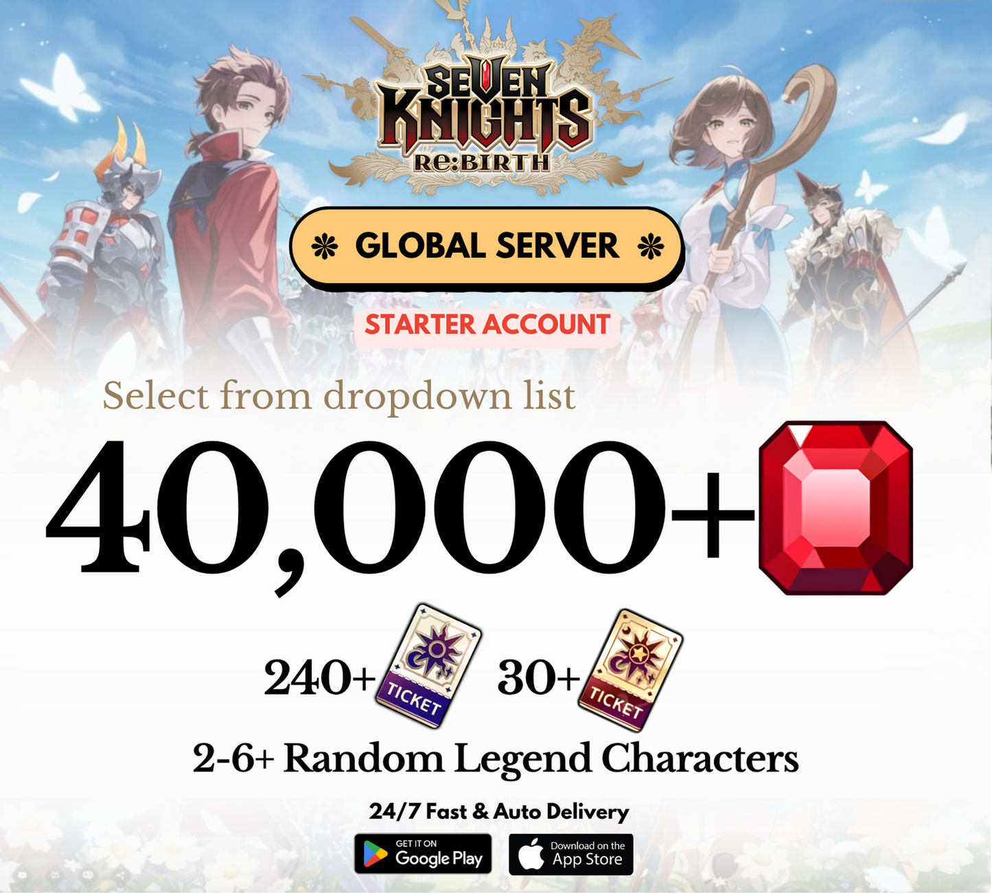 [GLOBAL] 12,000-40,000+ Gems Seven Knights Re:BIRTH Starter Reroll Account