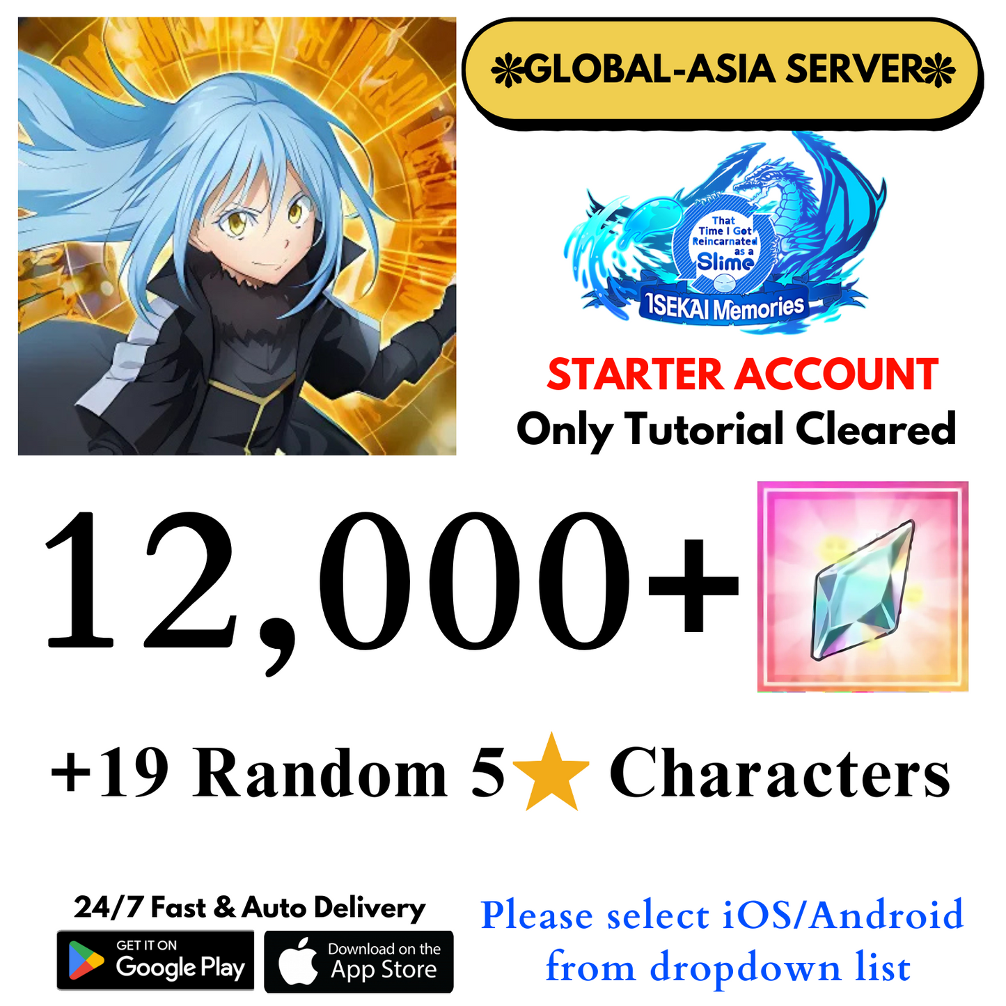 [Global-Asia] 12,000+Crystals Slime Isekai Memories Starter Reroll Account