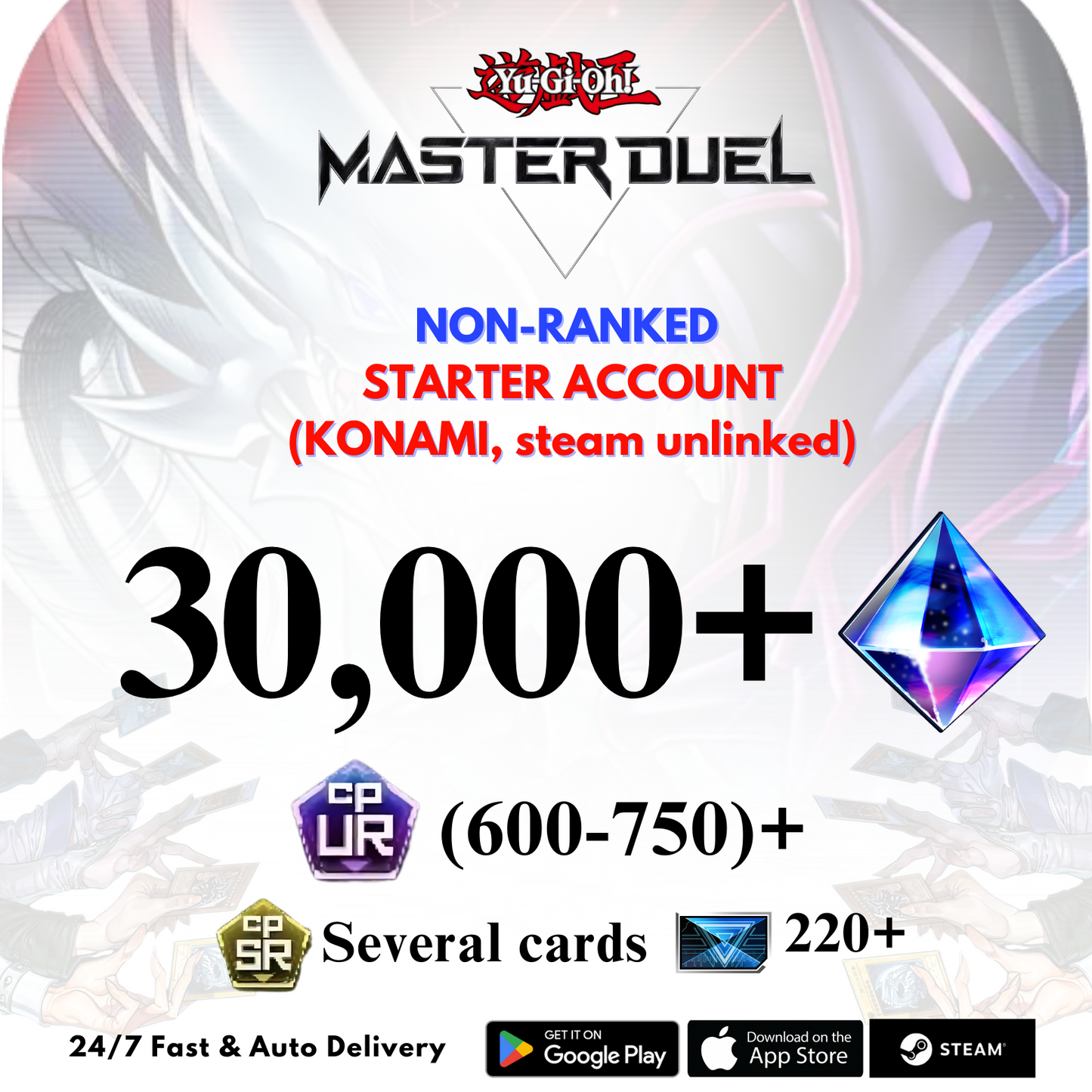 [GLOBAL] 30,000+Gems 600+UR CP Yu-Gi-Oh! Master Duel Starter Reroll Account