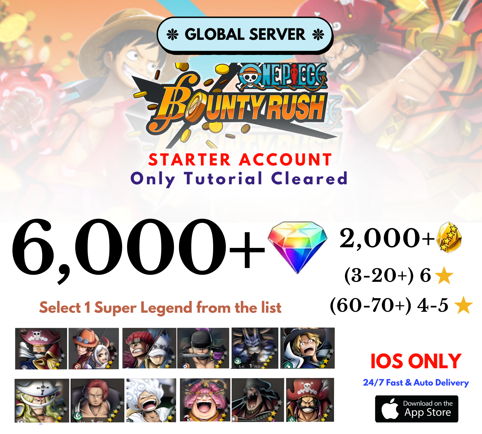 [Global-iOS] 6,000+Diamonds+2,000+Gold+Selected Character One Piece Bounty Rush Reroll Starter Account