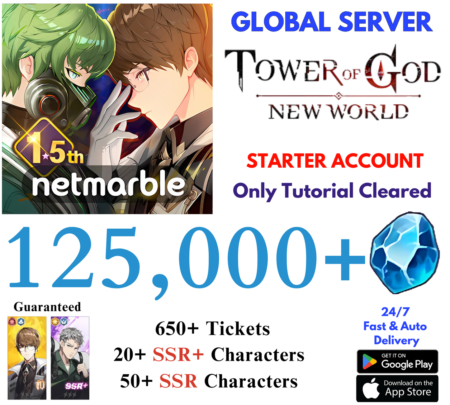 [GLOBAL] 125,000+ Gems Tower of God New World Starter Account