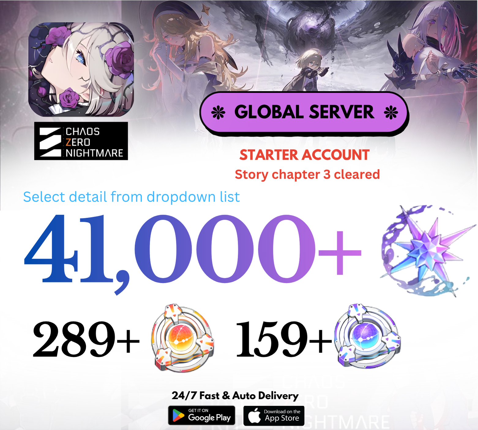 [GLOBAL] 22,000-41,000+ Crystals Chaos Zero Nightmare Starter Reroll Account