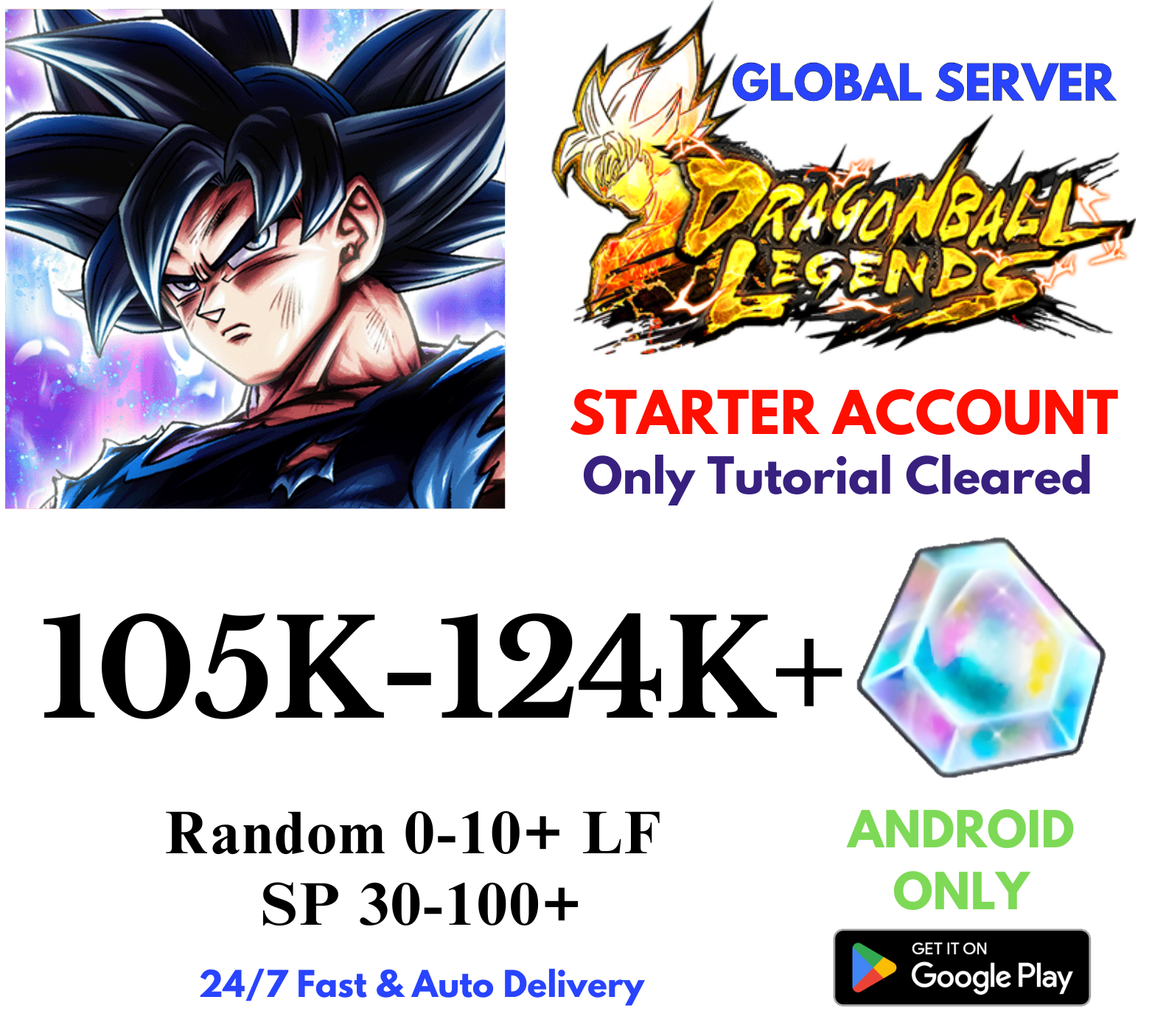 [GLOBAL/Android] 105,000-124,000+Gems Dragon Ball Legends Lv.1 Starter Reroll Account