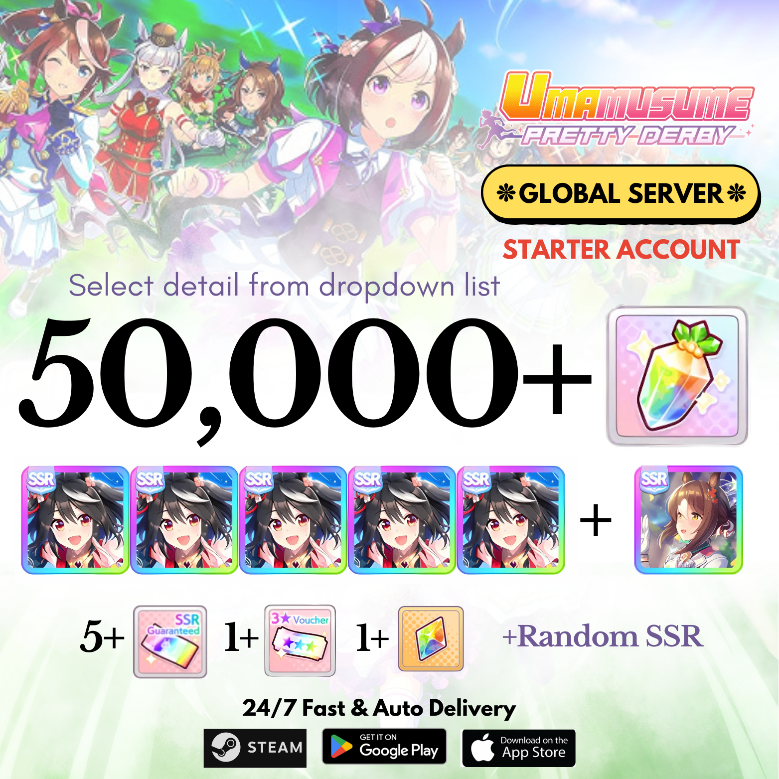 [GLOBAL] 20,000-50,000+Carats+Kitasan black x5+Fine motion Uma Musume Pretty Derby Starter Reroll Account