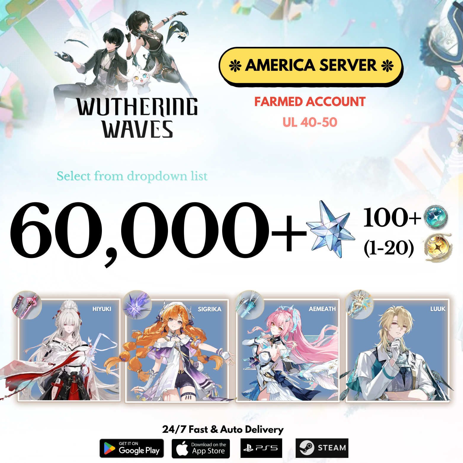 [AMERICA/NA]  45,000-60,000+ Astrite +Hiyuki/Sigrika/Aemeath/Luuk Wuthering Waves Farmed Reroll Account