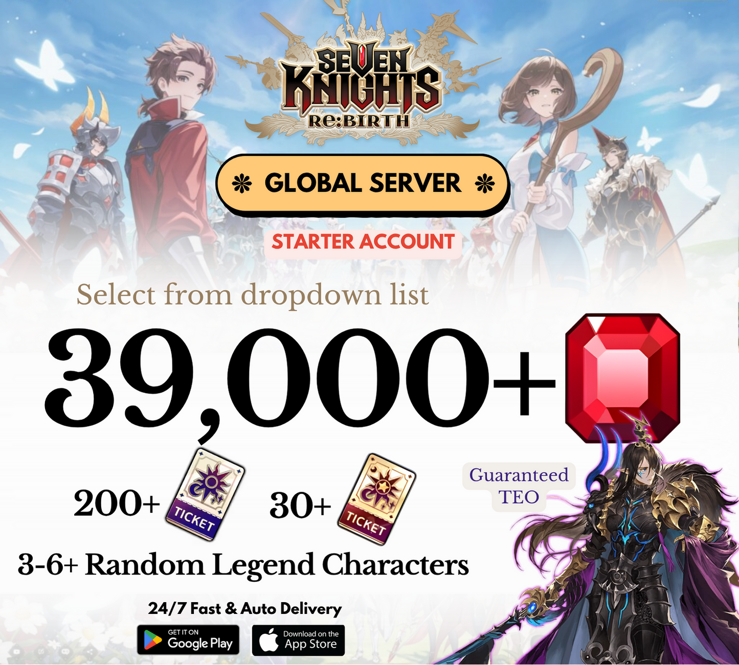 [GLOBAL] 20,000-39,000+ Gems + Teo Seven Knights Re:BIRTH Starter Reroll Account