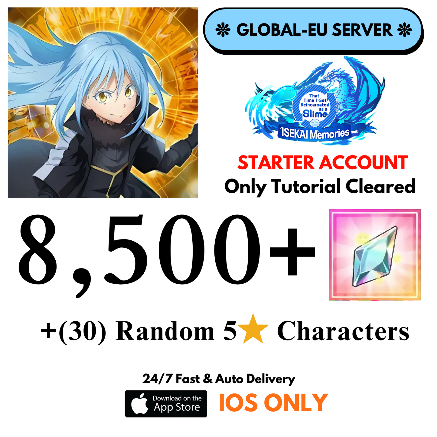 [Global-EU] 8,500+Crystals Slime Isekai Memories Starter Reroll Account