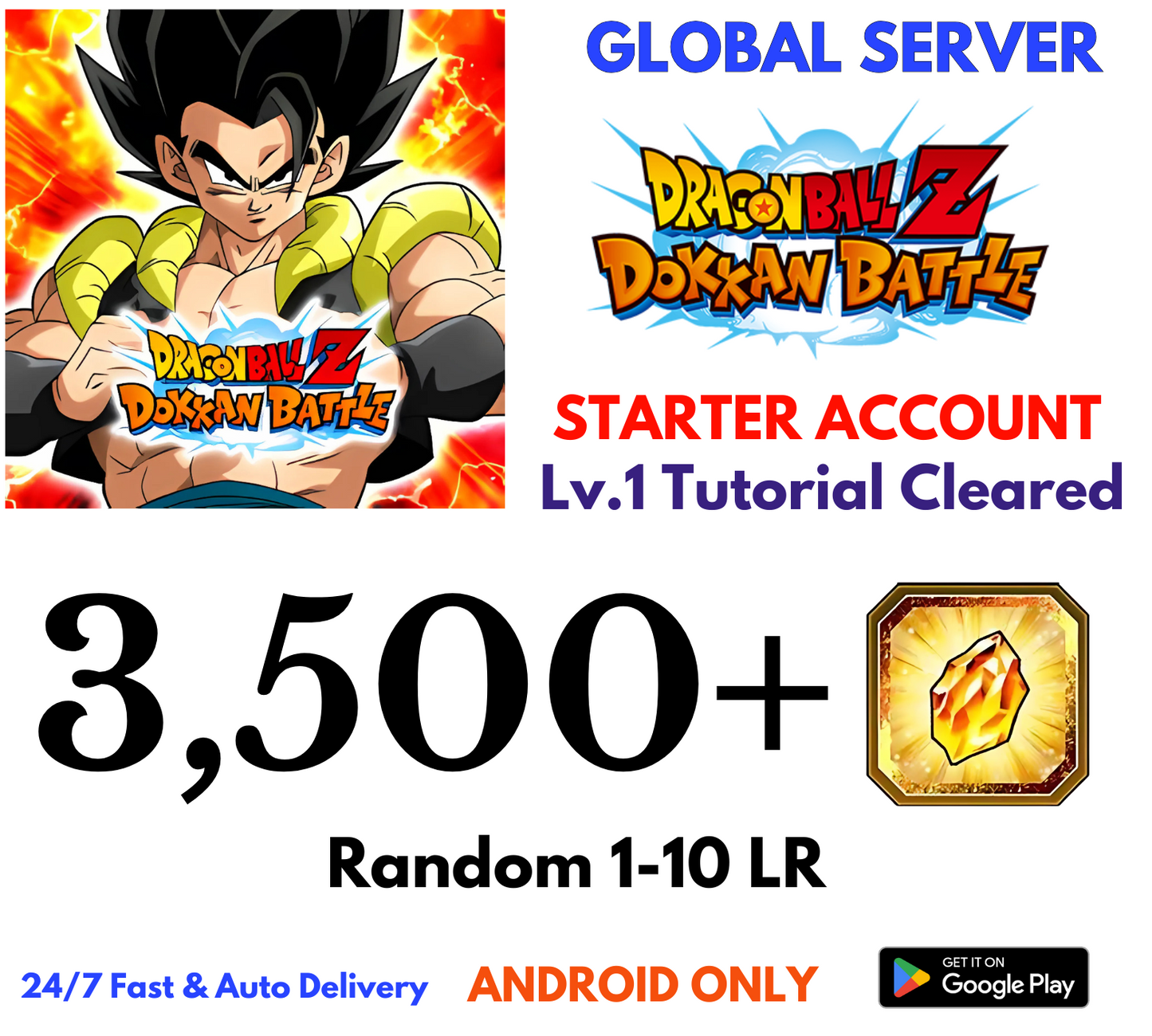 [GLOBAL/Android] 3,500+Gems Dragon Ball Z Dokkan Battle Lv.1 Starter Reroll Account