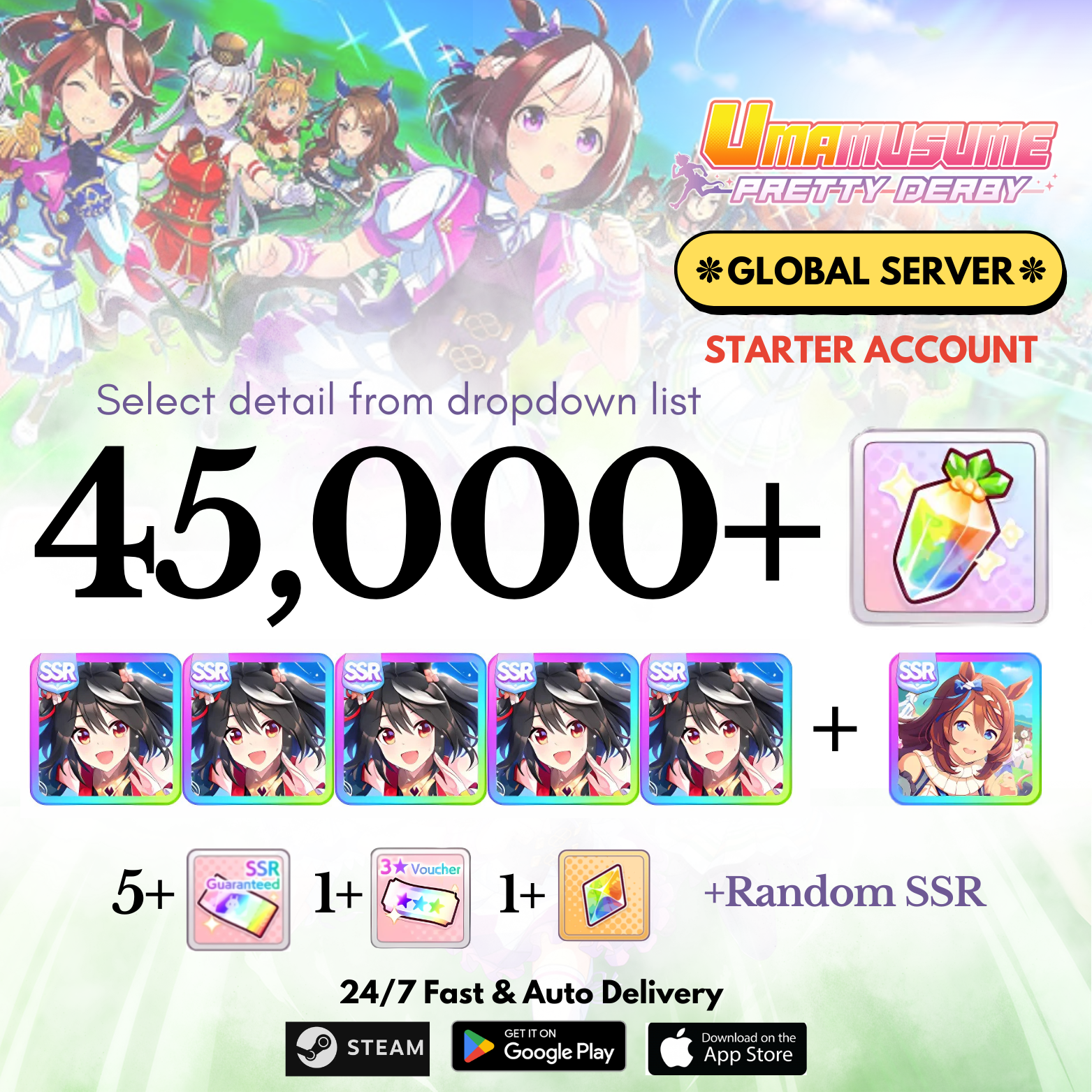 [GLOBAL] 20,000-45,000+Carats+Kitasan black x5+Super creek Uma Musume Pretty Derby Starter Reroll Account